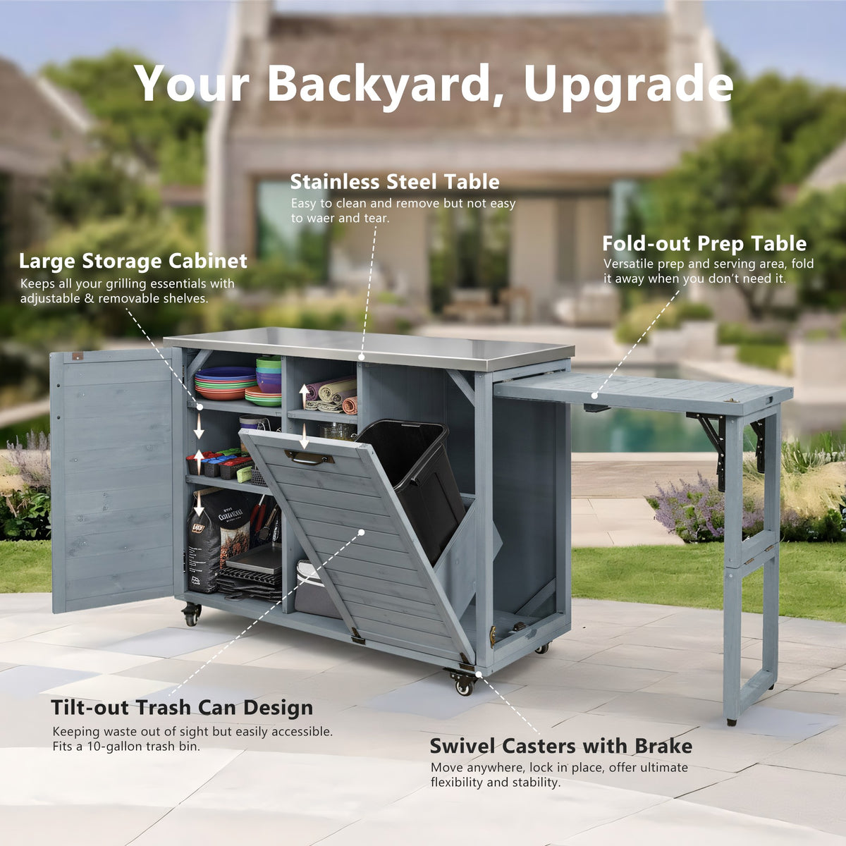 variant-group:rf-n707p370276g|Roomfitters 78.3" Outdoor Kitchen Island with Foldable Grill Table, Stainless Steel Top & Tilt Trash Can Storage, Grey Blue