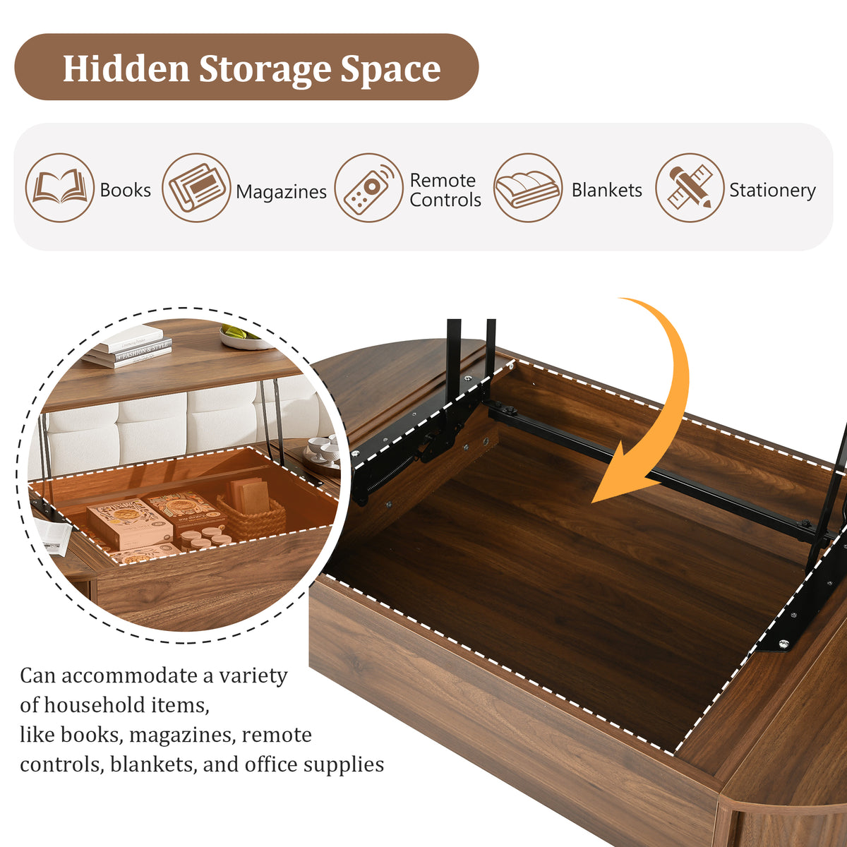 variant-group:rf-n724p308481d|Roomfitters Oval Lift-Top Coffee Table with Hidden Compartment, Wooden Center Table with Storage, Modern Design, Brown