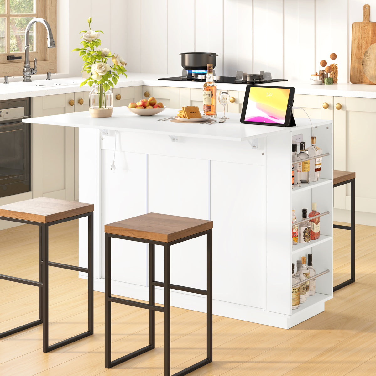 variant-group:rf-n711p437715k|Roomfitters 47.2-Inch Counter Height Bar Cabinet, White Sideboard Buffet Table, Foldable Drop Leaf, Built-In Power