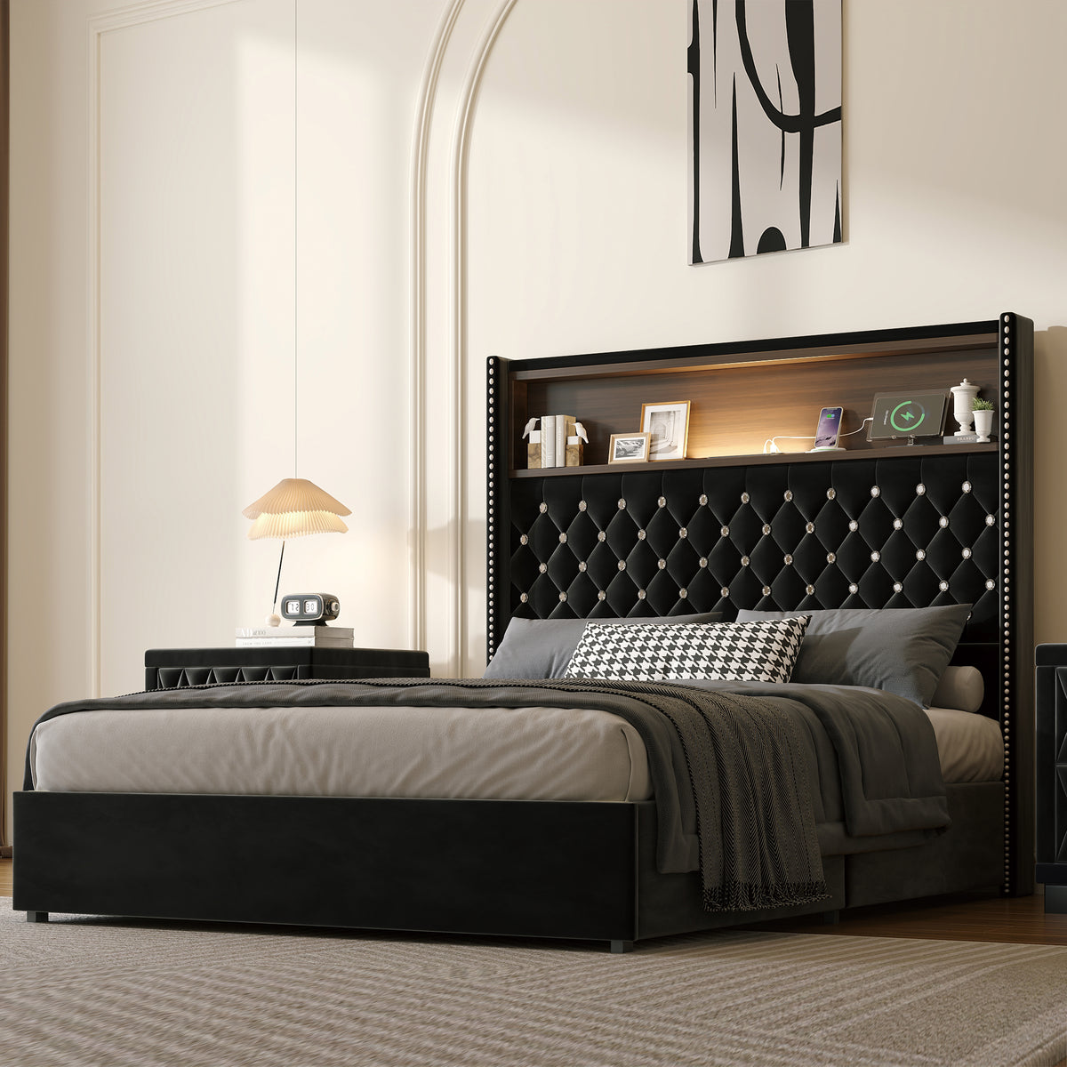 variant-group:rf-n733p368653b|Roomfitters Full Velvet Tufted Platform Bed with Charging Ports, Tall Wingback Headboard with Rivet Trim and Shelf, Black