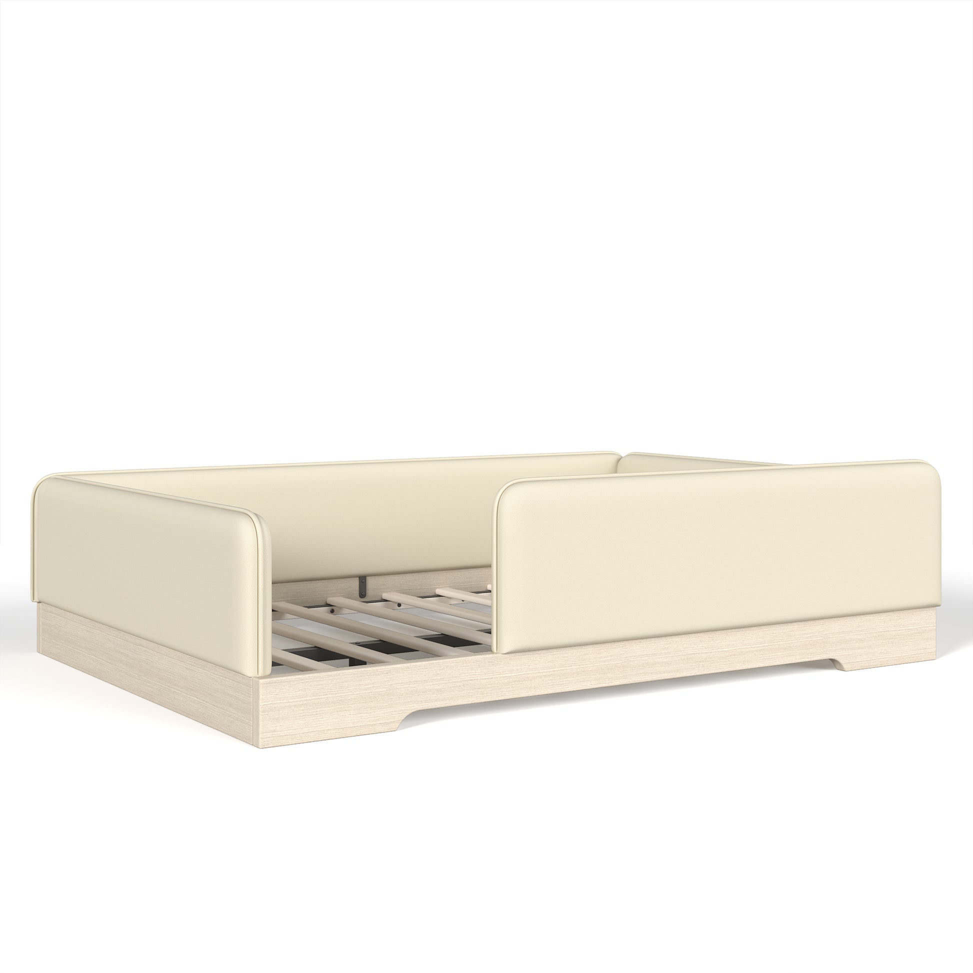variant-group:rf-w1580s00671|Roomfitters Full Size Upholstered Floor Bed Frame with Removable Guardrails, Faux Leather Low Profile Platform, Beige