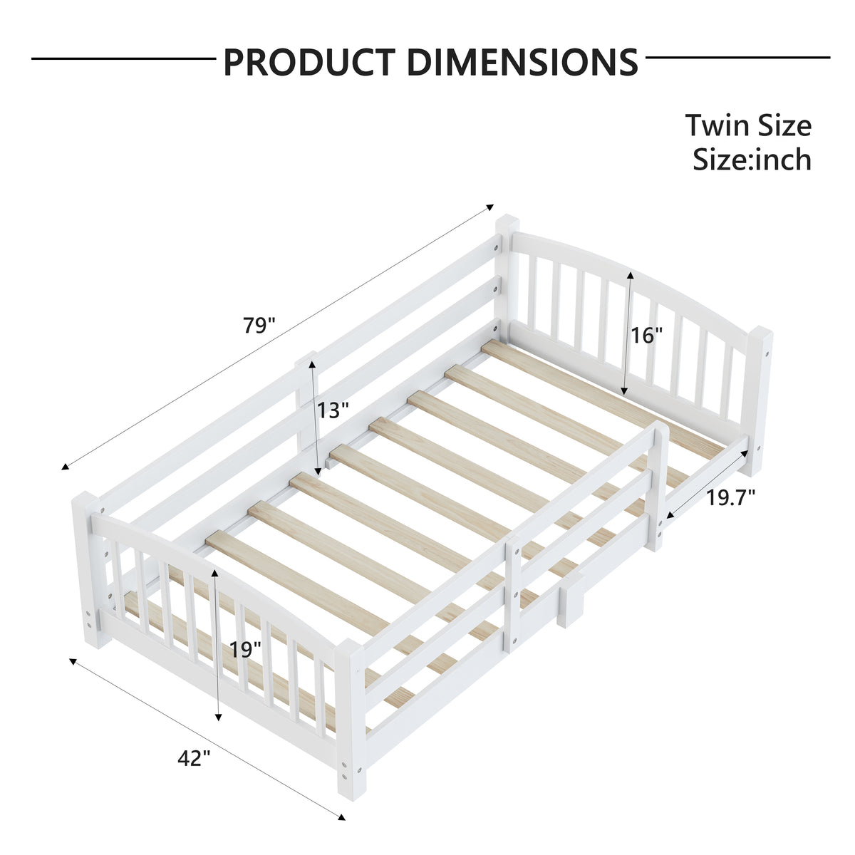 variant-group:rf-n733p400298k|Roomfitters Twin Montessori Floor Bed with Guardrails, Solid Wood Low Platform Bed with Slats, Easy Assembly, White