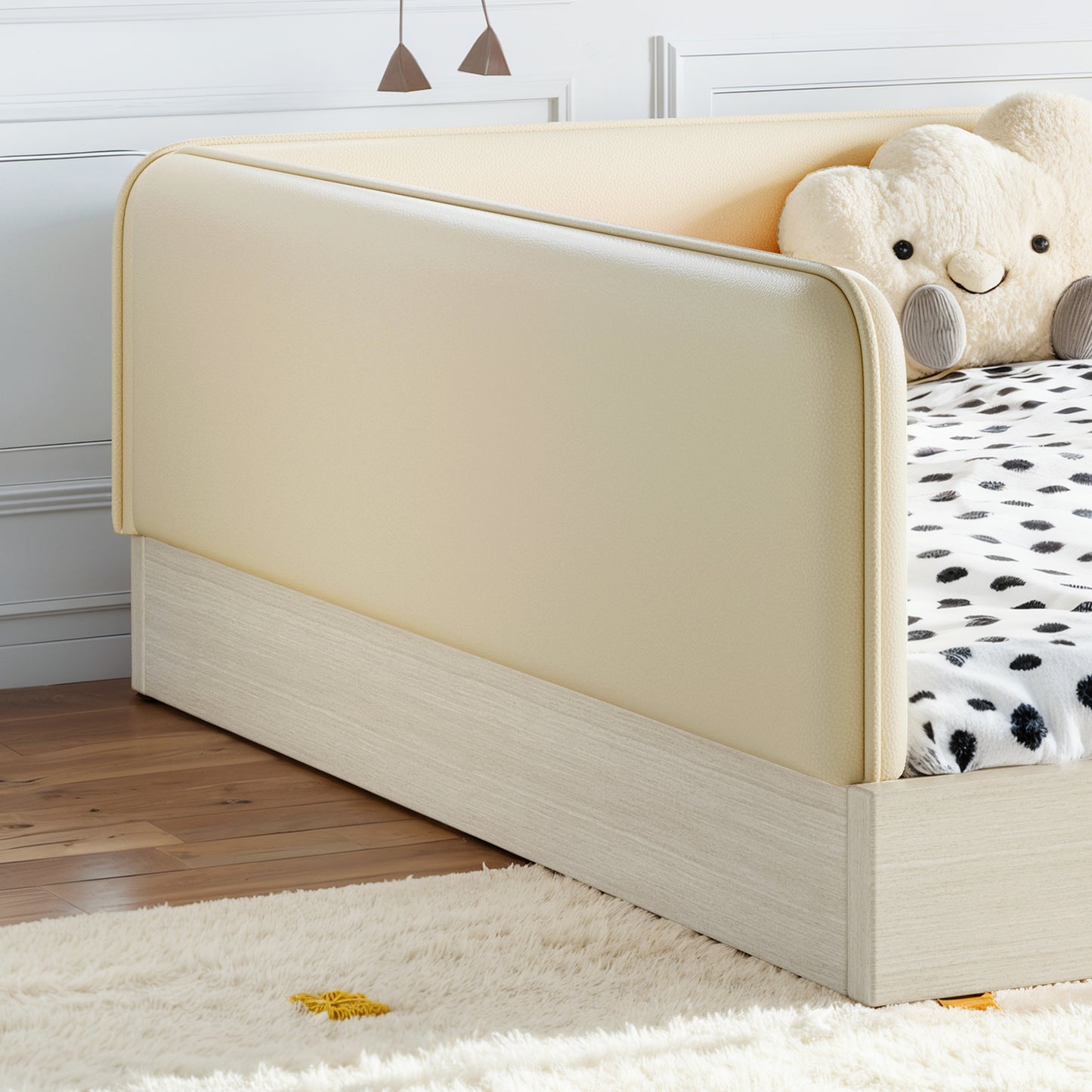 variant-group:rf-w1580s00673|Roomfitters Queen Size Upholstered Floor Bed Frame with Removable Guardrails, Faux Leather Low Profile Platform, Beige