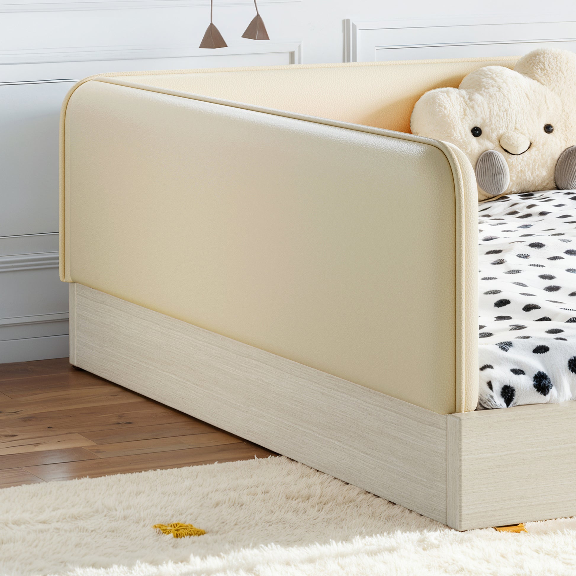 variant-group:rf-w1580s00673|Roomfitters Queen Size Upholstered Floor Bed Frame with Removable Guardrails, Faux Leather Low Profile Platform, Beige