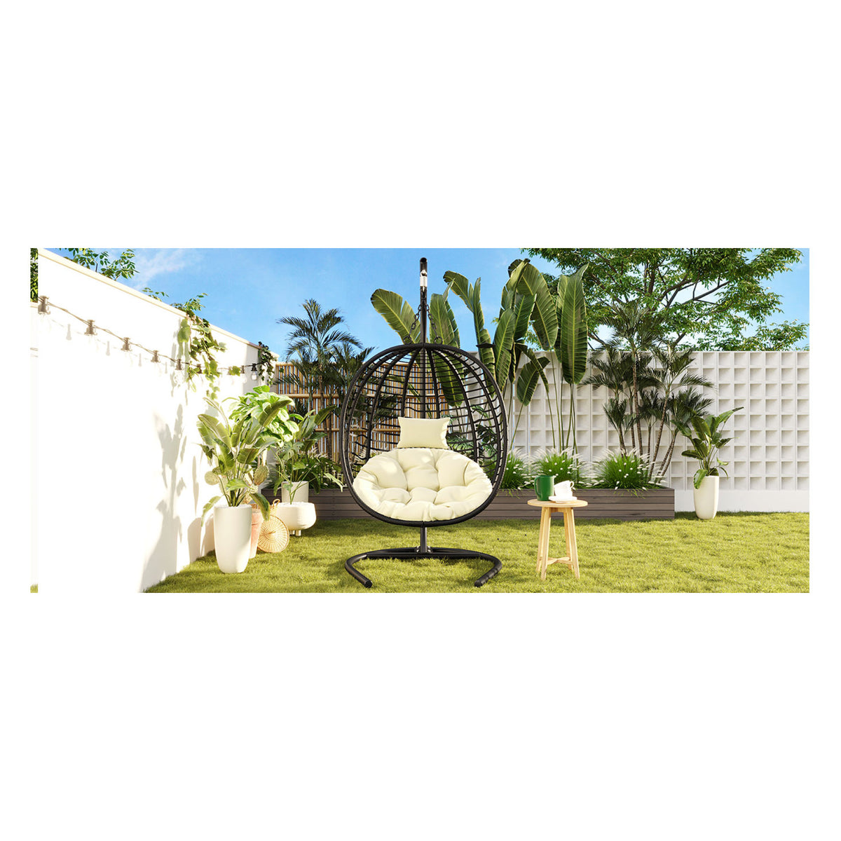 variant-group:rf-n711p389503a|Roomfitters Single Person Folding Egg Chair with Stand, UV Resistant Wicker Rattan Swing for Patio, Garden, Black+Beige