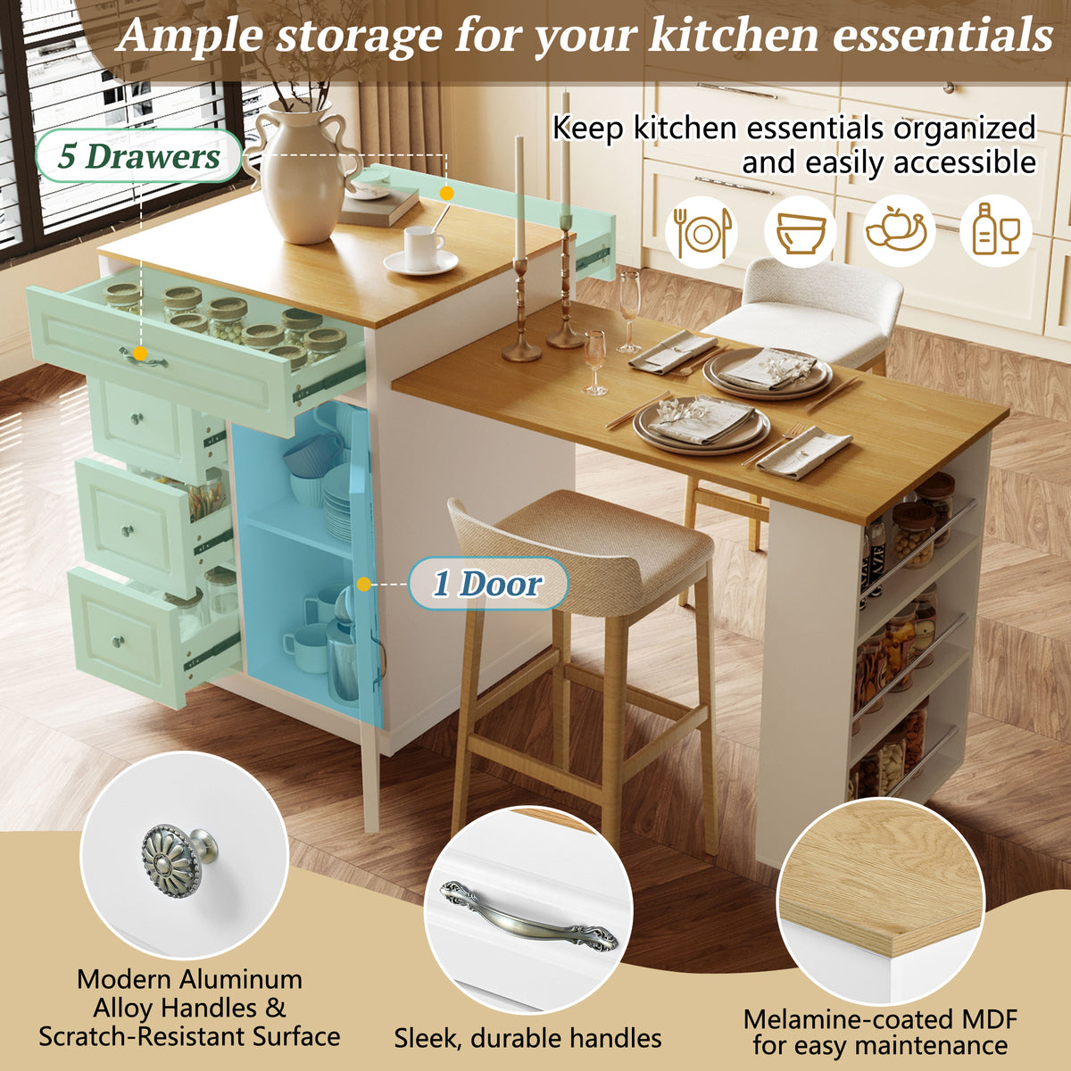 variant-group:rf-n711wy000493aak|Roomfitters White and Natural Wood MDF Extendable Bar Cabinet, Rolling Kitchen Island Table, Wine Rack Storage
