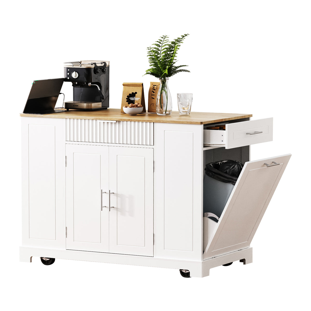 variant-group:rf-n707p221571w|Roomfitters Fluted Kitchen Island with Trash Can Cabinet, Power Outlet, Storage Rack, Rolling Cart with Open Side Racks, White