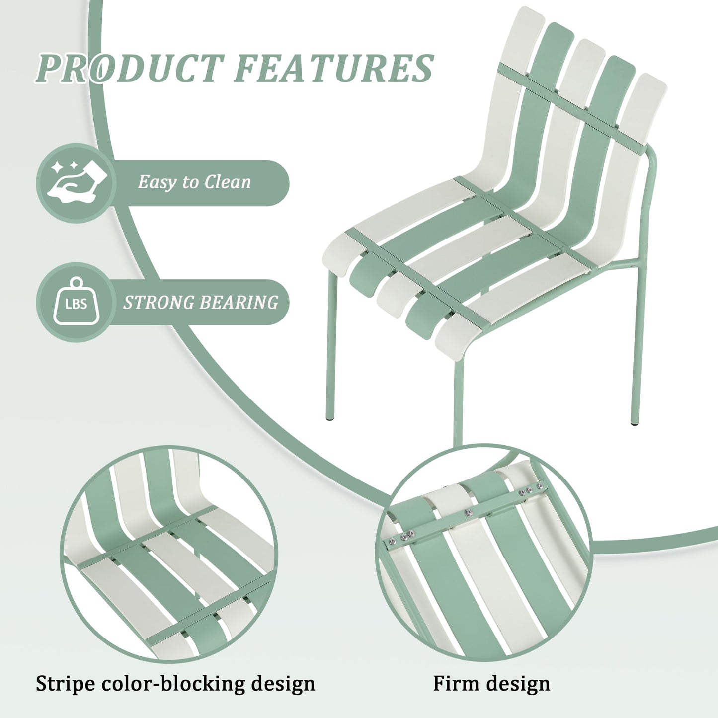 Summer- 4-Pack Modern Striped Color Block Chairs - Waterproof PP Seat & Sturdy Metal Legs, Indoor/Outdoor Dining Set for Patio, Balcony, Café (White & Green) Roomfitters