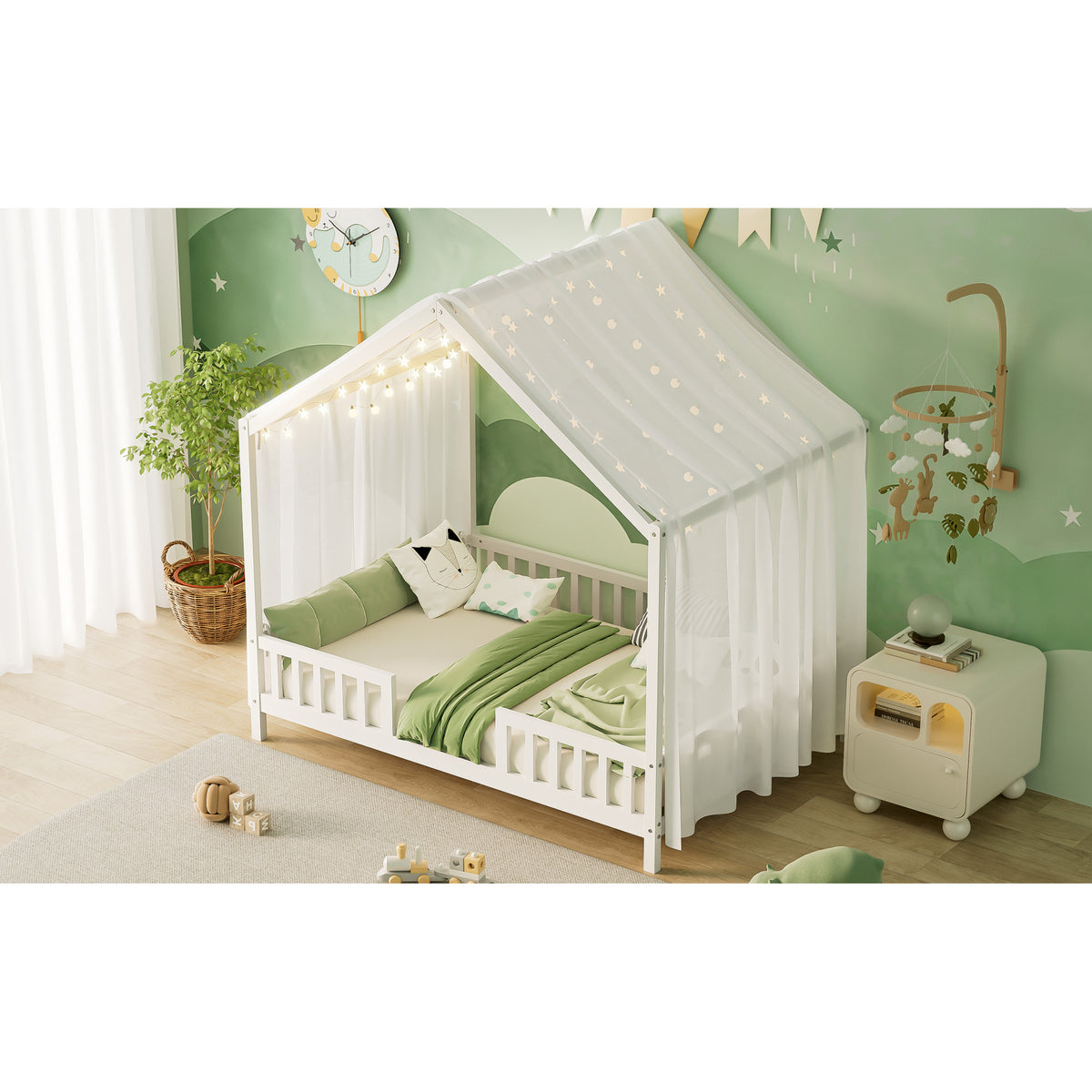 variant-group:rf-n733p356048k|Roomfitters Full Montessori Floor Bed with Canopy, House Shape Wood Frame with Safety Rails, Platform Bed, White
