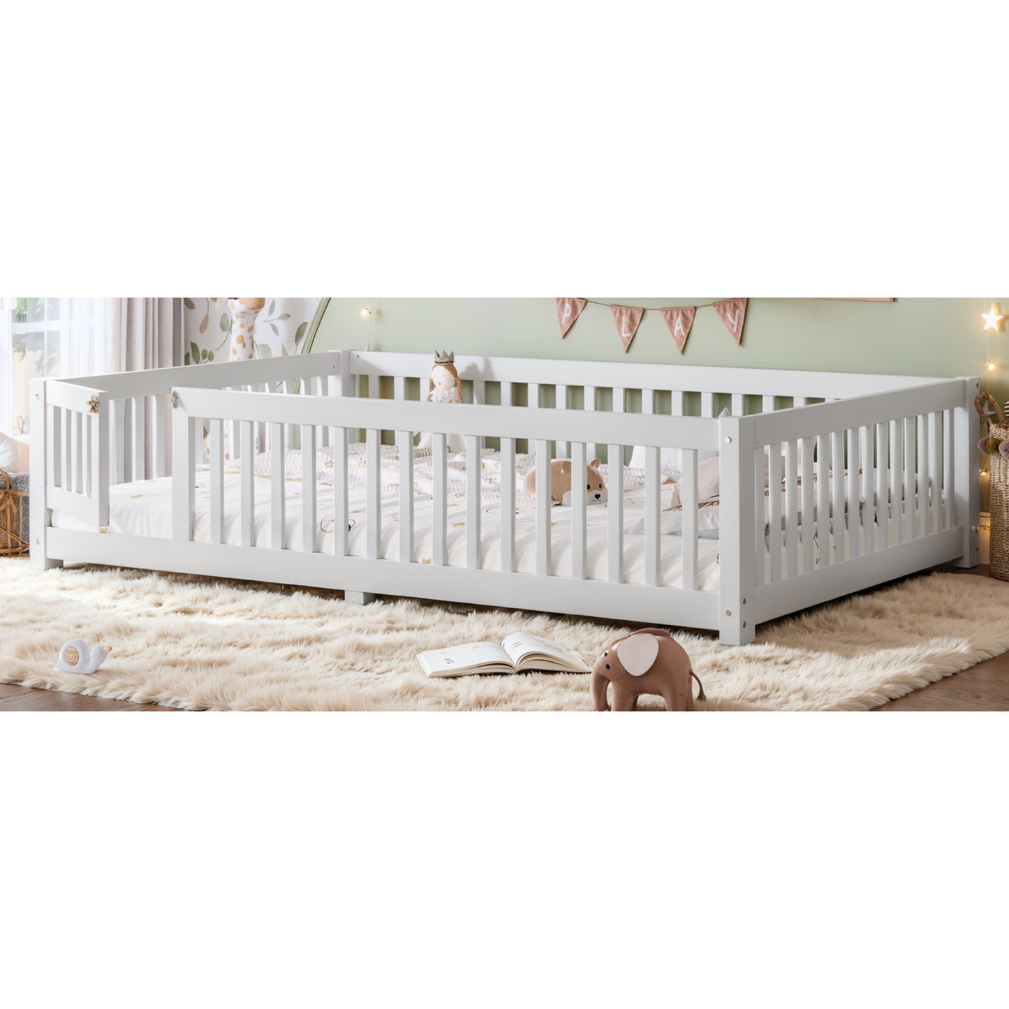 variant-group:rf-w1580p462324|Roomfitters Queen Size Wooden Floor Bed Frame with Safety Guardrails Door, Solid Wood Low Profile Toddler Play Bed, White