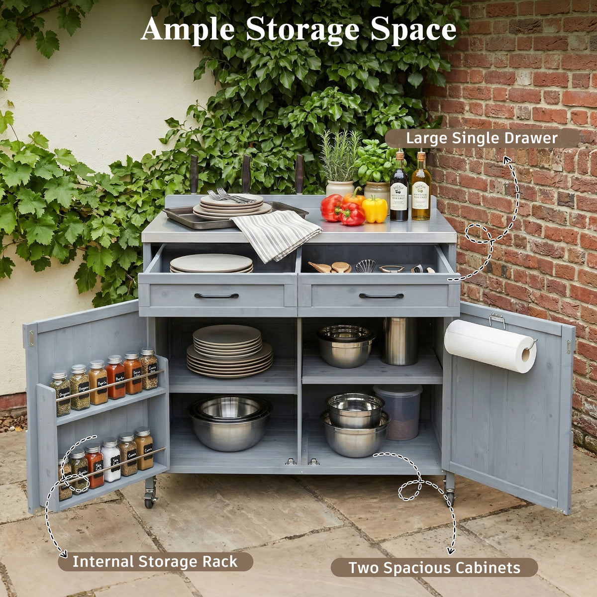 variant-group:rf-n707p370273g|Roomfitters 39.4" Grill Cart, Outdoor Kitchen Island with Stainless Steel Top, BBQ Prep Station with Storage Cabinet, Grey+Blue