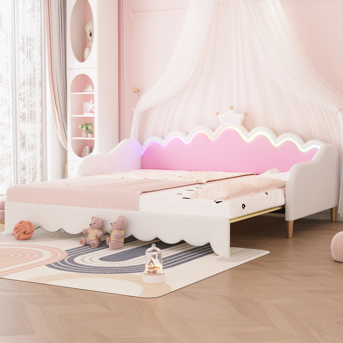 variant-group:rf-n733hl000104aak|Roomfitters Twin Extending Daybed with Lights, Modern Upholstered Princess Daybed with Crown Headboard, Sophisticated and Functional Design, White