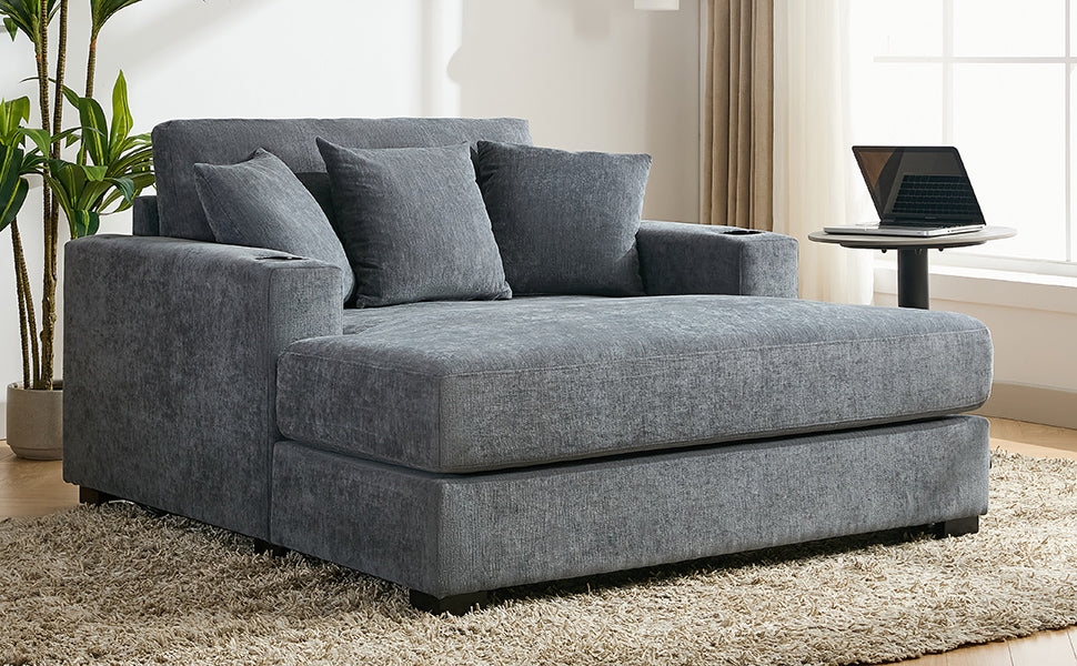 Roomfitters Oversized Chaise Lounger Sofa Couch, Upholstered Accent Chair Charge Station Cup Holders, Blue Gray
