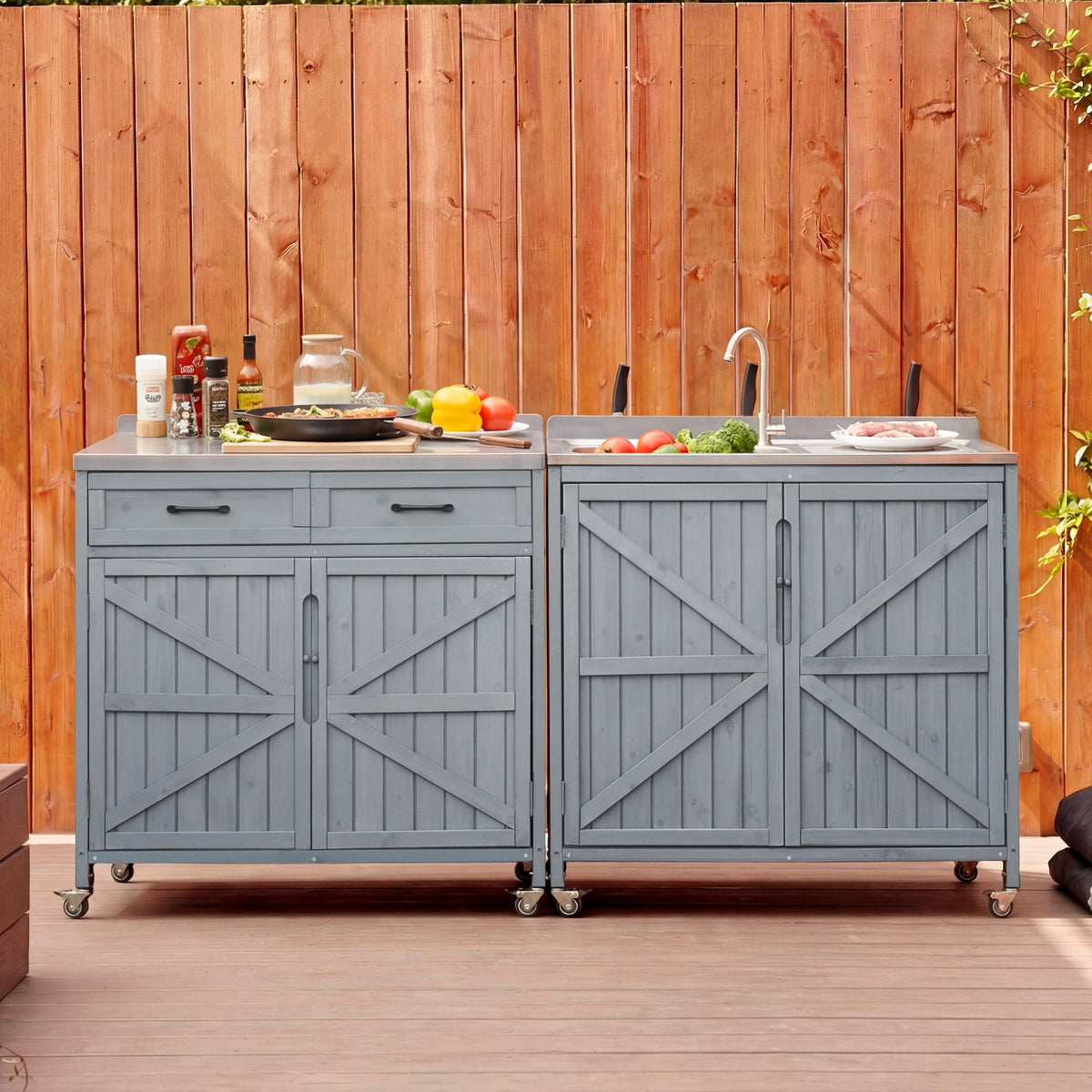 variant-group:rf-n707s000024g|Roomfitters 2-Piece Outdoor Grill Cart with Stainless Steel Top, Sink and Faucet, BBQ Prep Station, Grey+Blue