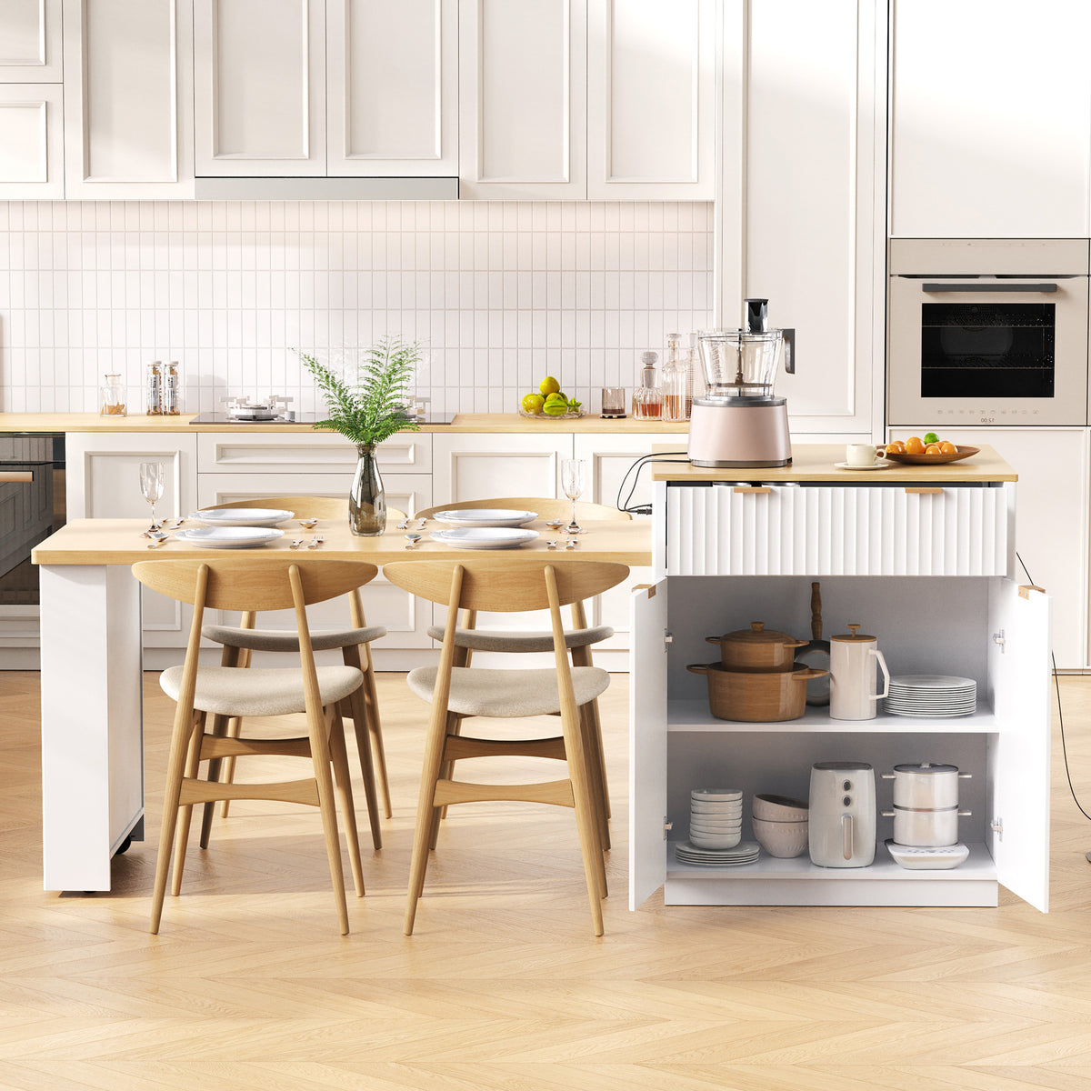 variant-group:rf-n707s000018w|Roomfitters 82.6" Fluted Kitchen Island with 51" Extendable Dining Table for 4-6, Power Outlet, White