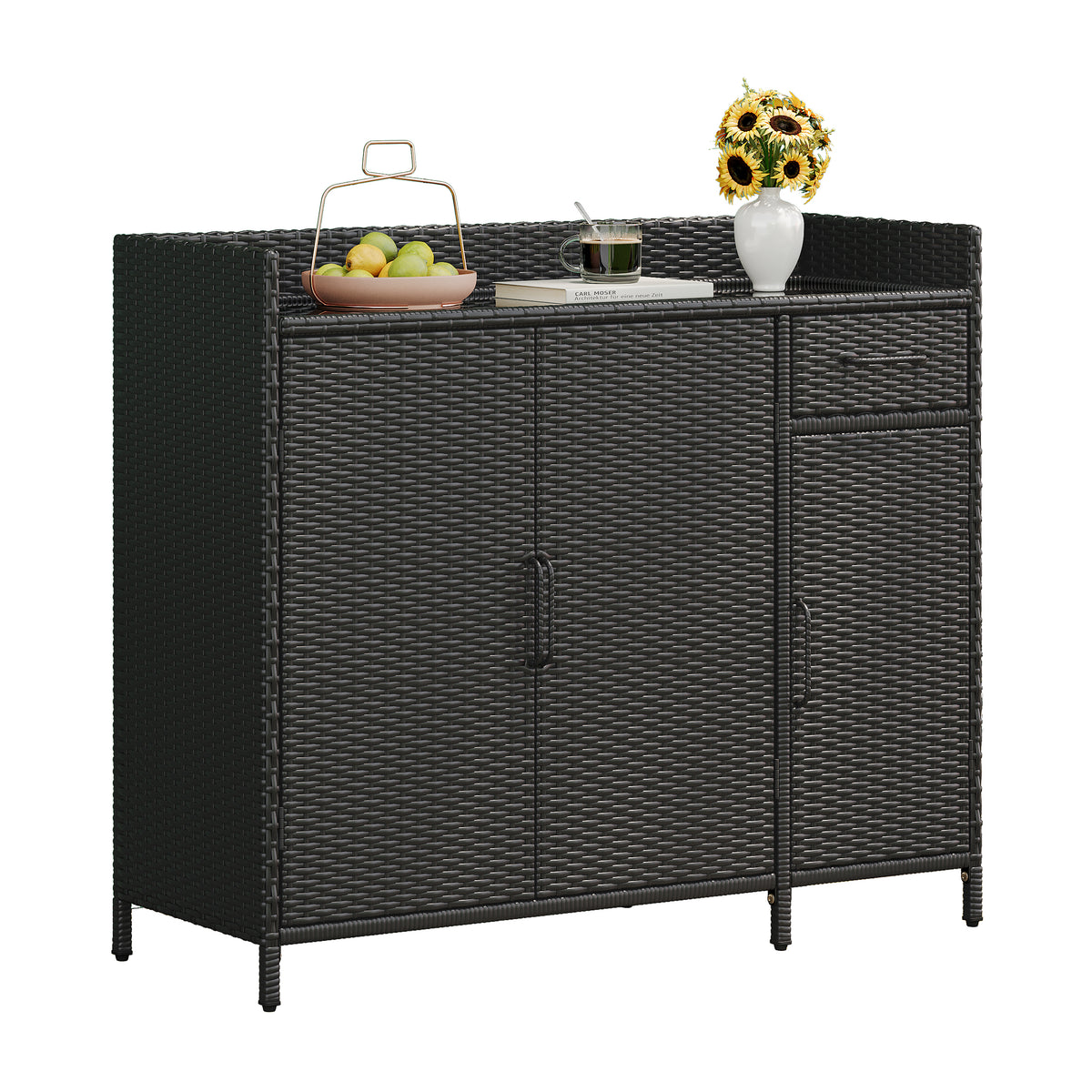 variant-group:rf-n707p233745b|Roomfitters 47.5" Wicker Outdoor Storage Cabinet, Rattan Bar Table with Glass Top, Adjustable Shelf, 3 Doors, Black Brown