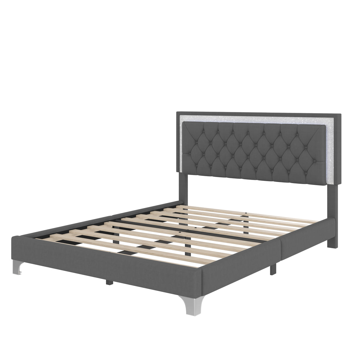 variant-group:rf-n733p183657e|Roomfitters Modern Velvet Queen Platform Bed with Tufted Headboard and Built-In Lighting, Gray
