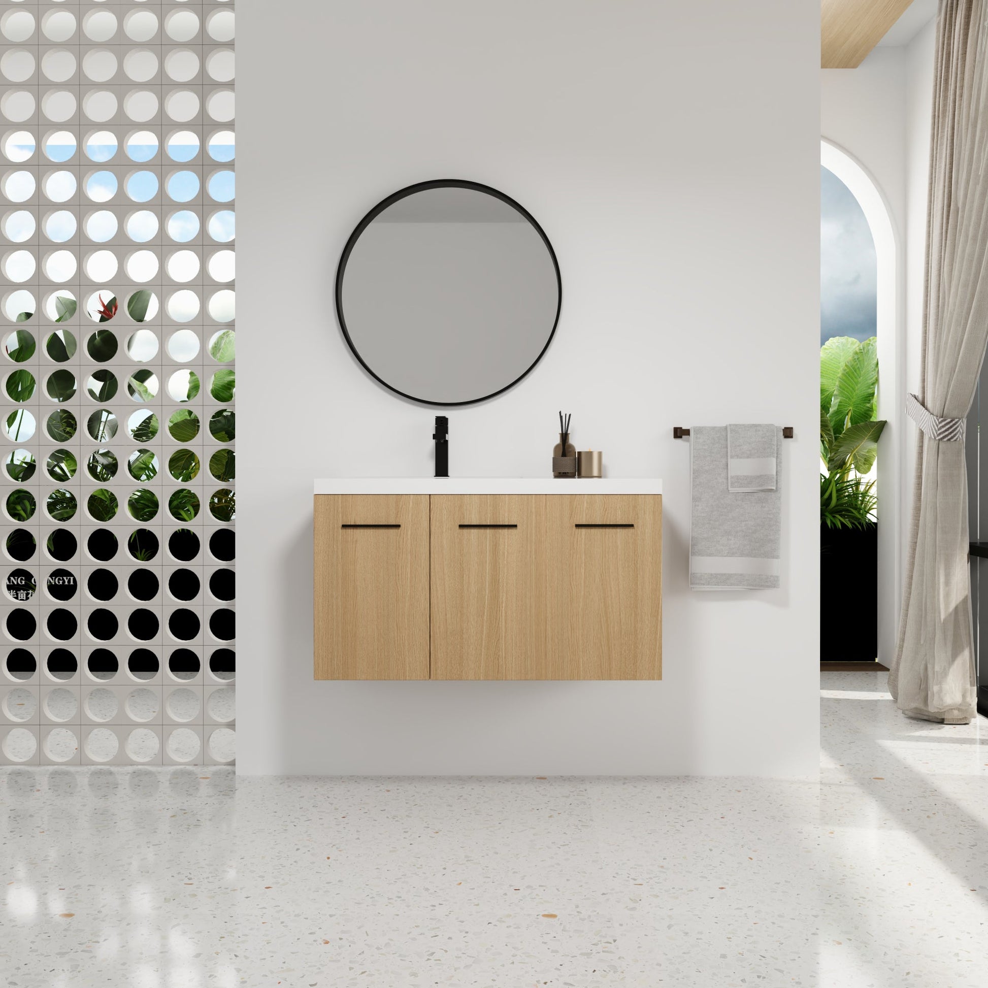 36" Wall-Mounted Floating Bathroom Vanity with Sink, Light Oak, 3-Door Modular Cabinet (2-Door + 1-Door), Gel Coat Integrated Sink Top, 3 Boxes, Ready-to-Assemble Roomfitters