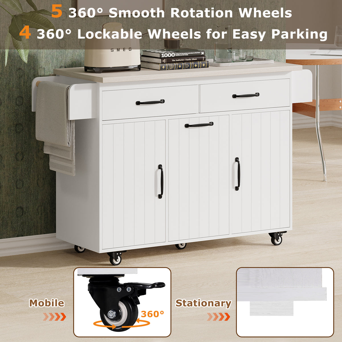variant-group:rf-n707wf326381aaw|Roomfitters Kitchen Island with Trash Can Storage Cabinet, Grey - Drop Leaf, Spice Rack, Towel Rack, Drawer, Adjustable Shelf, Rolling Island on Wheels, Ameican White Oak