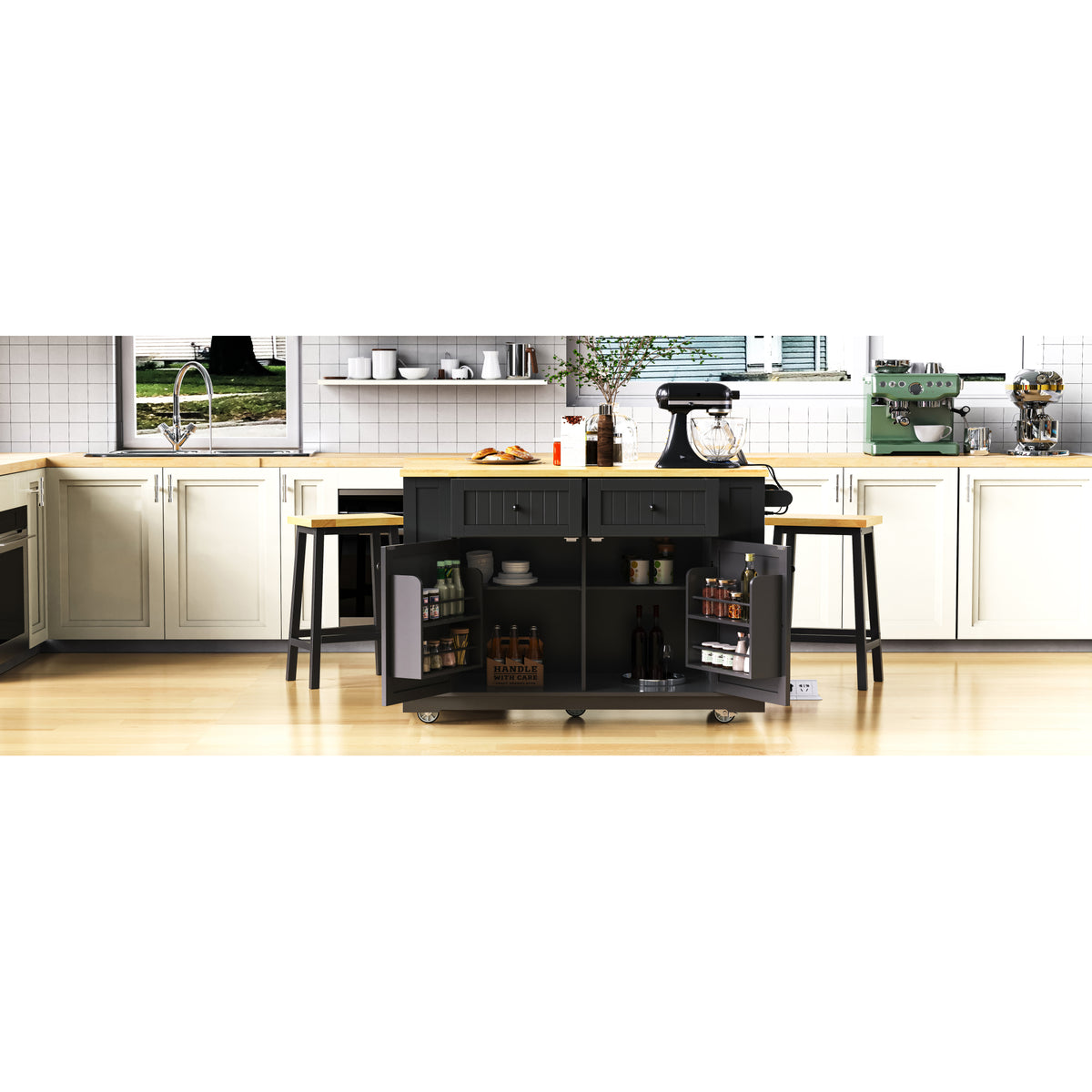 variant-group:rf-n707s257057b|Roomfitters 48" Kitchen Island with Power Outlet and Drop Leaf, Rolling Storage Cabinet with Wood Top and Spice Rack, Black
