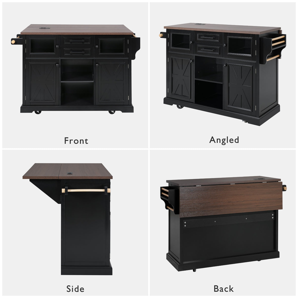 variant-group:rf-n707s300277b|Roomfitters 54.9" Kitchen Island with Drop Leaf, Rolling Kitchen Cart with Barn Door and Glass Door, Storage Cabinet, Black