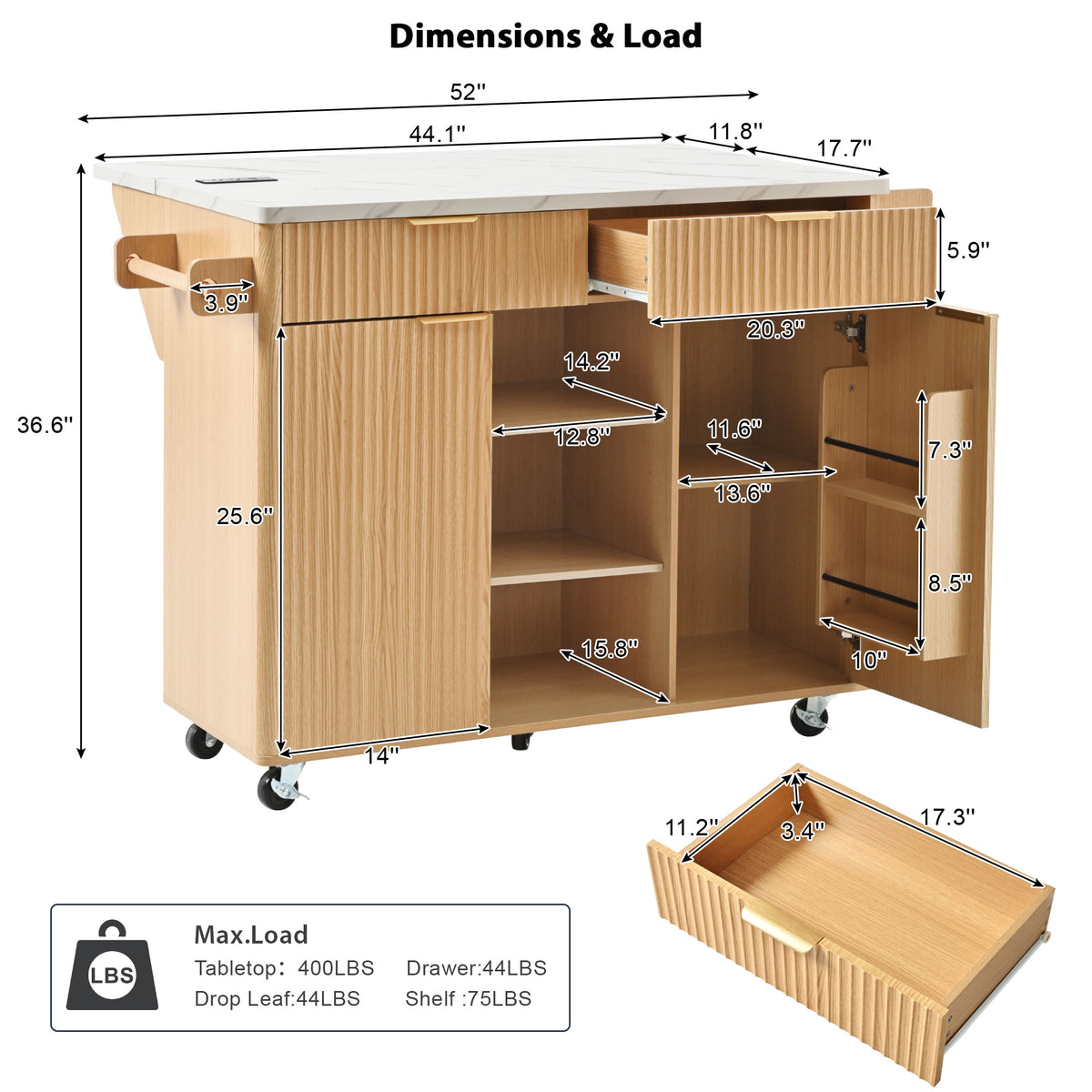 variant-group:rf-n707s000019y|Roomfitters 52" Fluted Kitchen Island with Drop Leaf, Power Outlet & Faux Marble Top, Natural