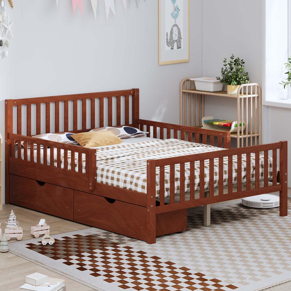 variant-group:rf-n733p172700d|Roomfitters Full Size Wood Platform Bed with Guardrails and 2 Storage Drawers, Walnut