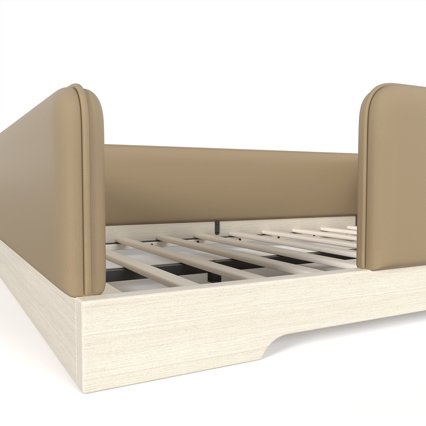 variant-group:rf-w1580s00670|Roomfitters Full Size Upholstered Floor Bed Frame with Removable Guardrails, Faux Leather Low Profile Platform, Brown