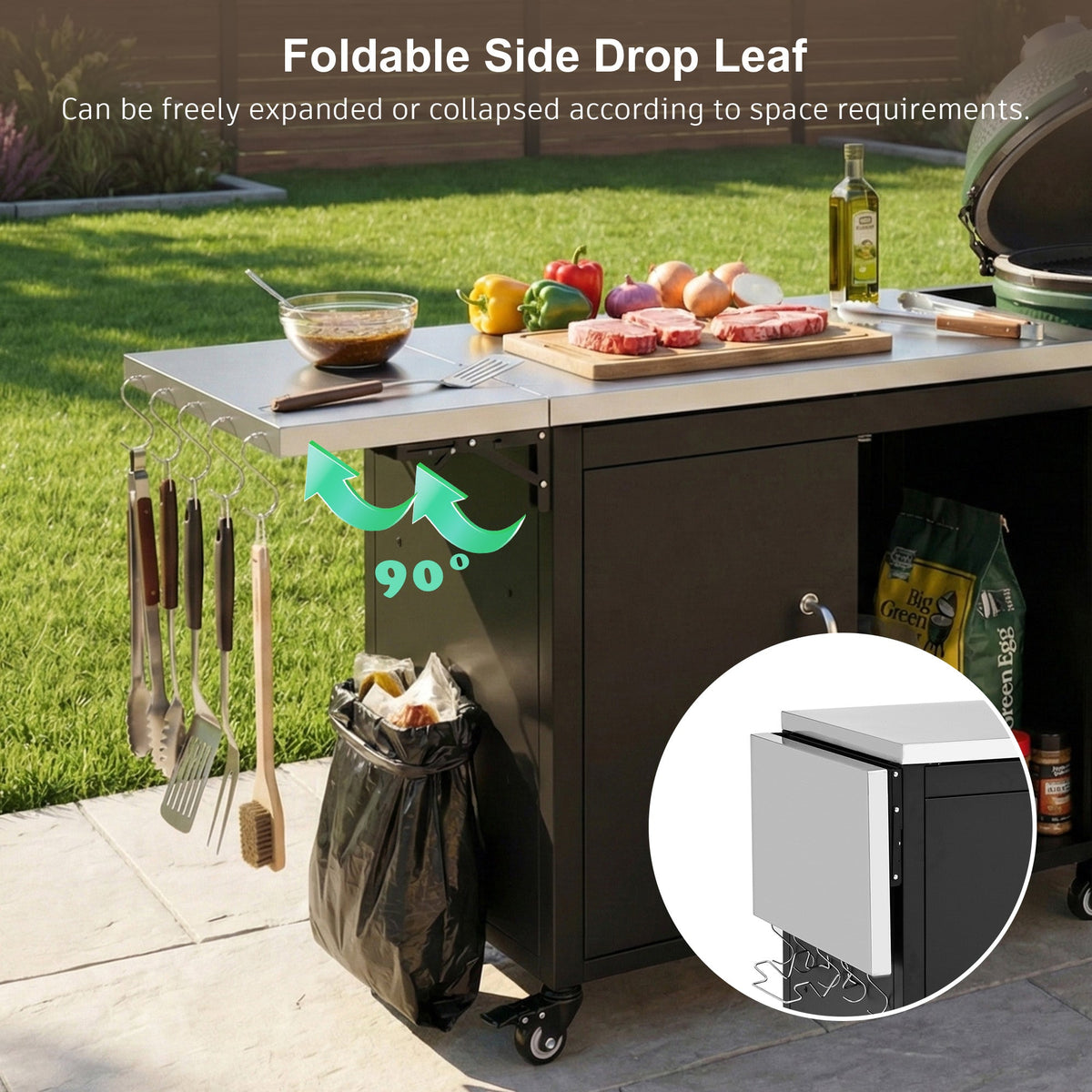 Roomfitters 76.6" Grill Cart with Stainless Steel Top and Kamado Nest, Folding Drop Leaf Prep Station, Mobile Cabinet, Black