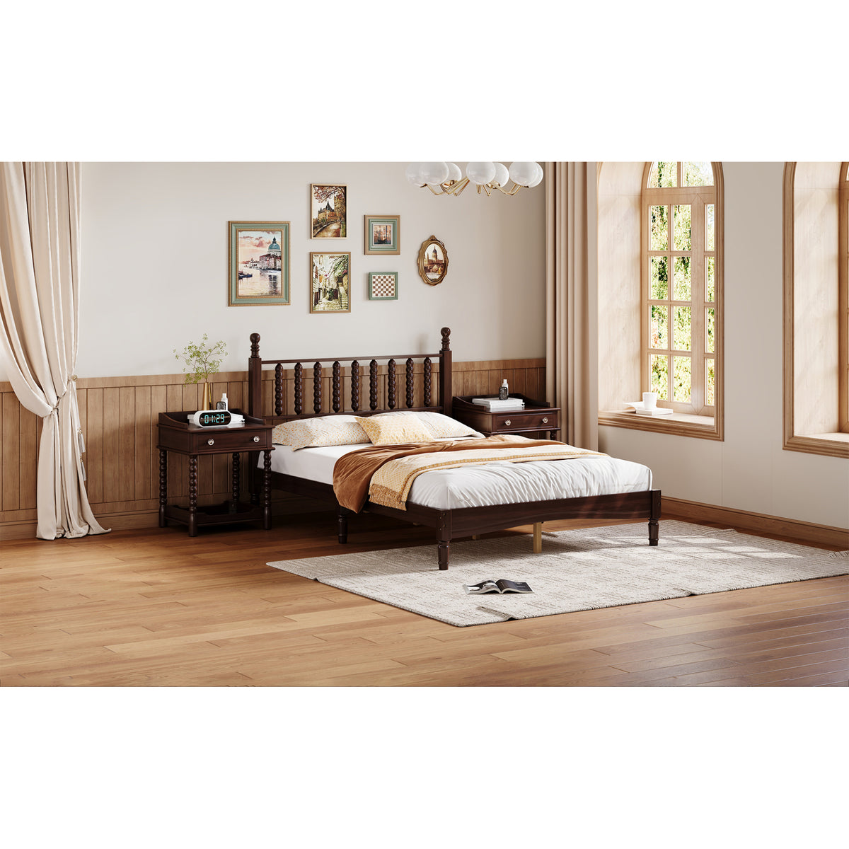 variant-group:rf-n733p338317d|Roomfitters Full Wood Platform Bed, Retro Gourd Spindle Headboard with Solid Slat Support, Walnut