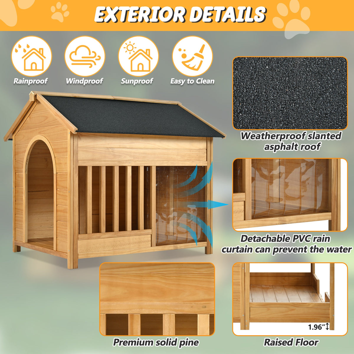 Roomfitters 60-Inch Large Outdoor Dog House with Removable Insulated Liner Weatherproof Porch and Asphalt Roof Natural Roomfitters