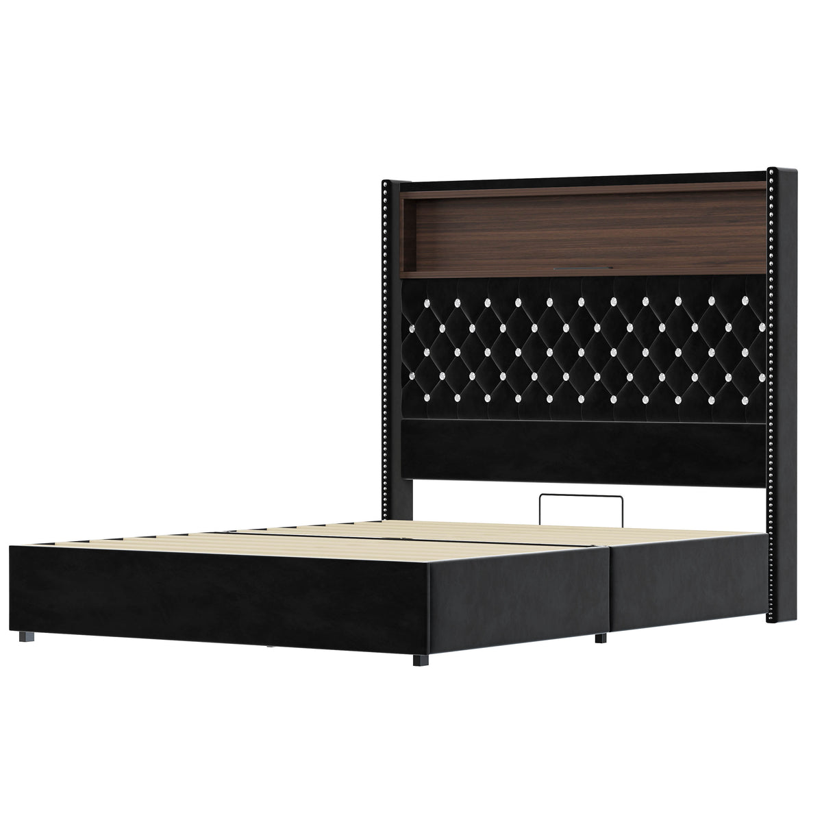 variant-group:rf-n733p368653b|Roomfitters Full Velvet Tufted Platform Bed with Charging Ports, Tall Wingback Headboard with Rivet Trim and Shelf, Black