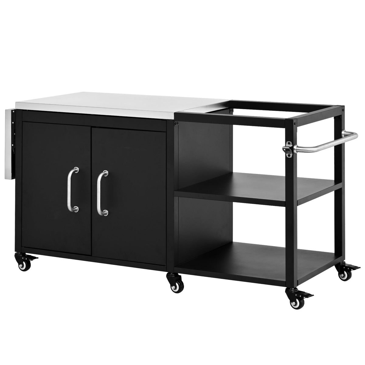 Roomfitters 76.6" Grill Cart with Stainless Steel Top and Kamado Nest, Folding Drop Leaf Prep Station, Mobile Cabinet, Black