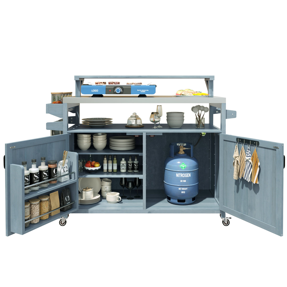 variant-group:rf-n707p250628g|Roomfitters 53.3" Outdoor Kitchen Island with Raised Shelf, Wood Storage Cabinet, Stainless Steel Top, Rolling Grill Cart, Grey Blue