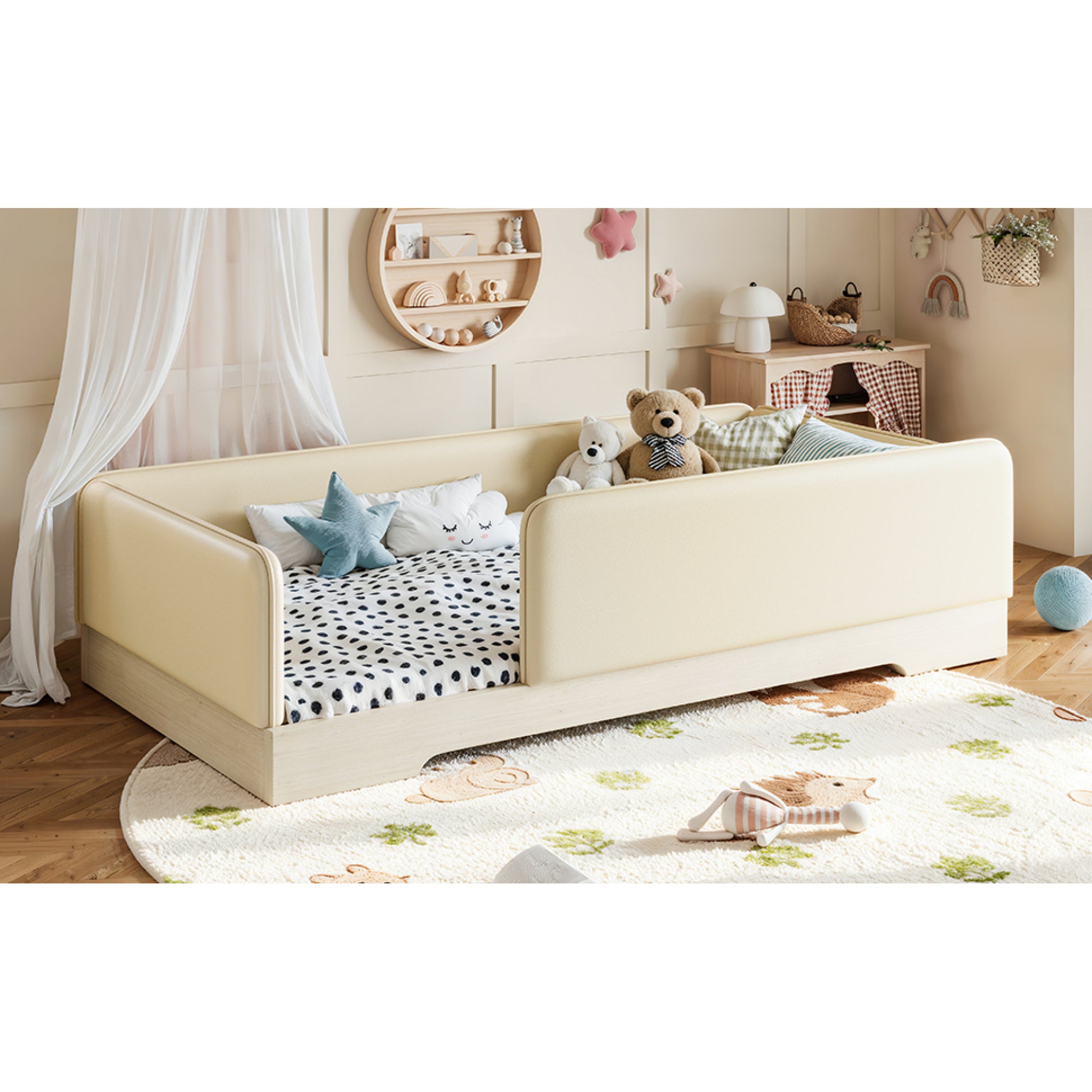 variant-group:rf-w1580p493129|Roomfitters Twin Size Upholstered Floor Bed Frame with Removable Guardrails, Faux Leather Low Profile Platform, Beige