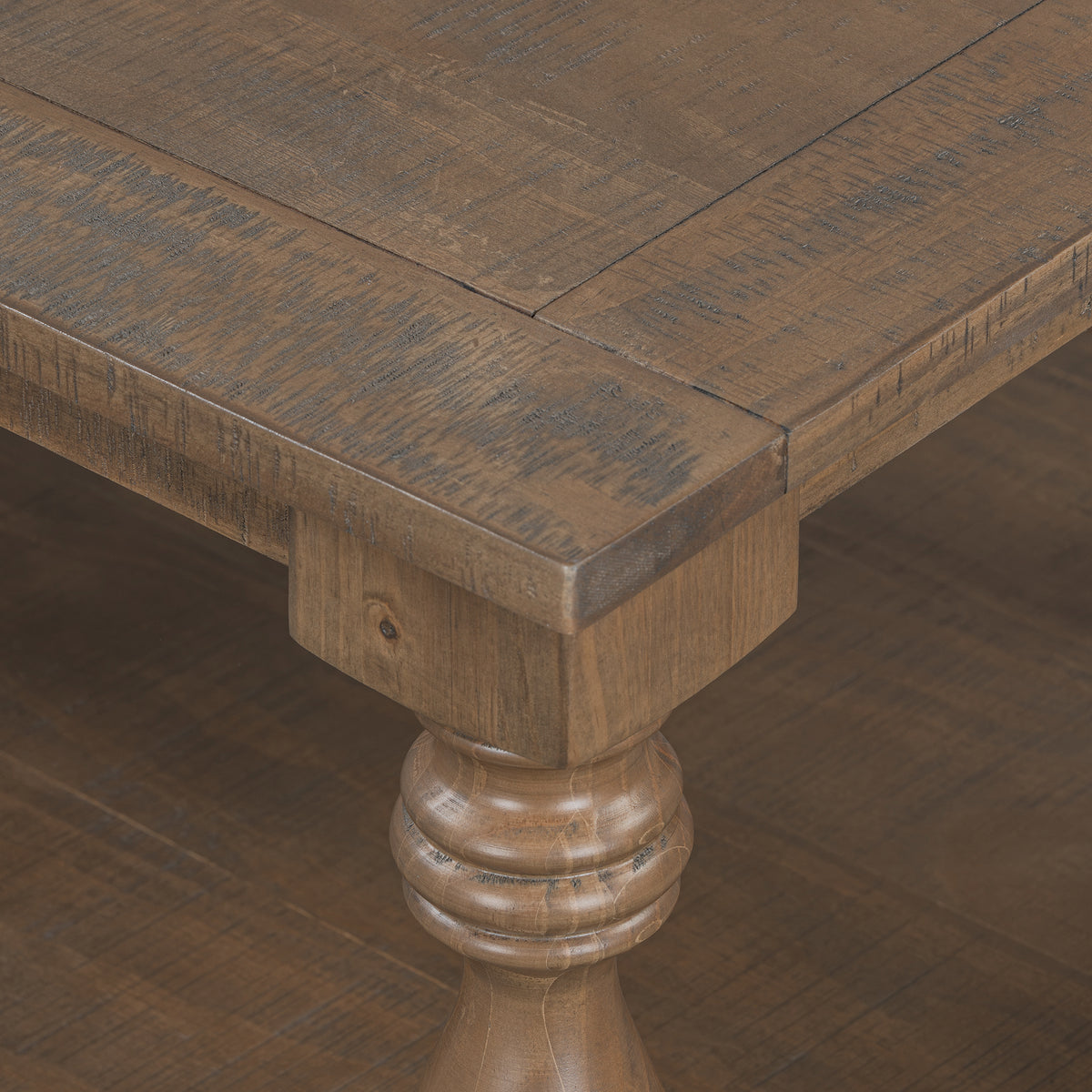 variant-group:rf-n711p407149d|Roomfitters Vintage Brown Pine Wood Coffee Table, Sculpted Vase Column Leg Cocktail Table, Living Room Statement Stand
