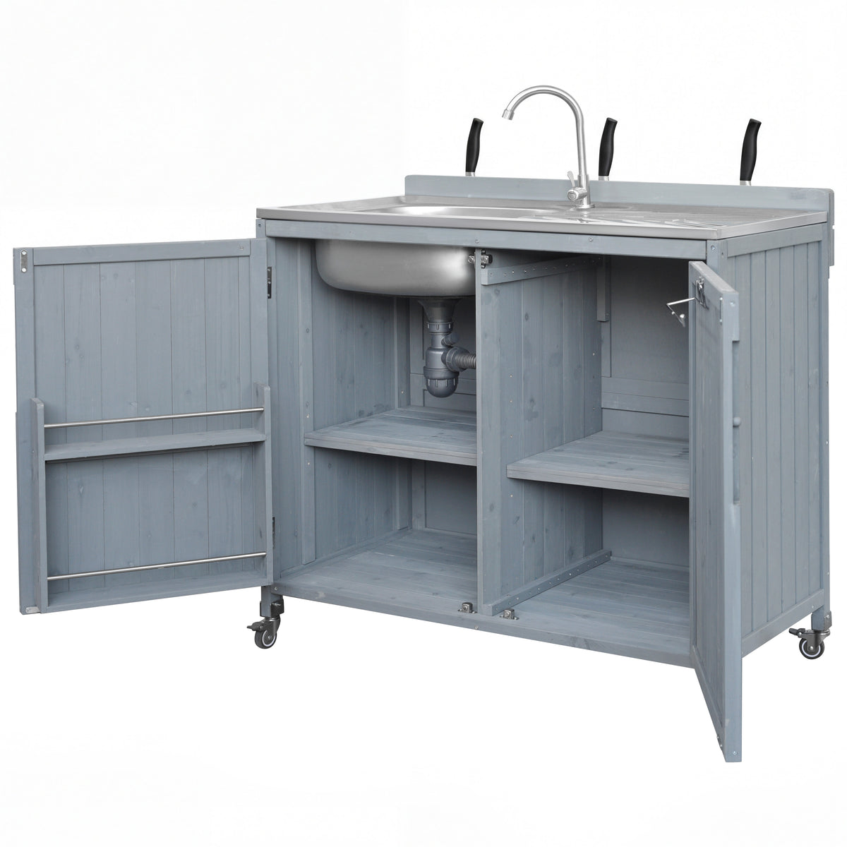 variant-group:rf-n707p370281g|Roomfitters 39.4" Outdoor Grill Cart with Stainless Steel Top, Prep Station with Sink and Storage Cabinet, Grey+Blue