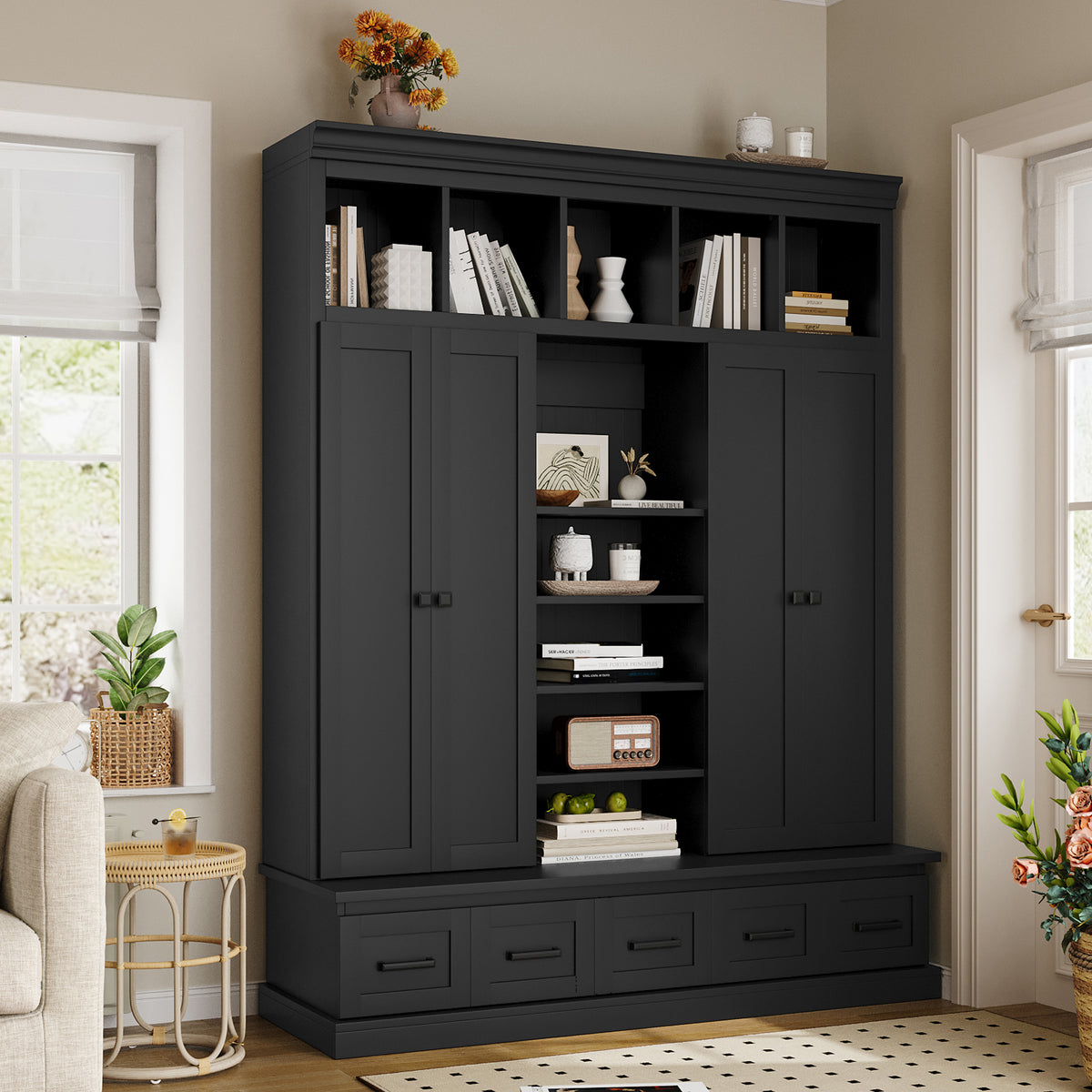 variant-group:rf-n724sj000139aab|Roomfitters 78.7" Hall Tree with Bench, 5 Cubbies, 4 Doors, 5 Drawers, Adjustable Shelves, Black