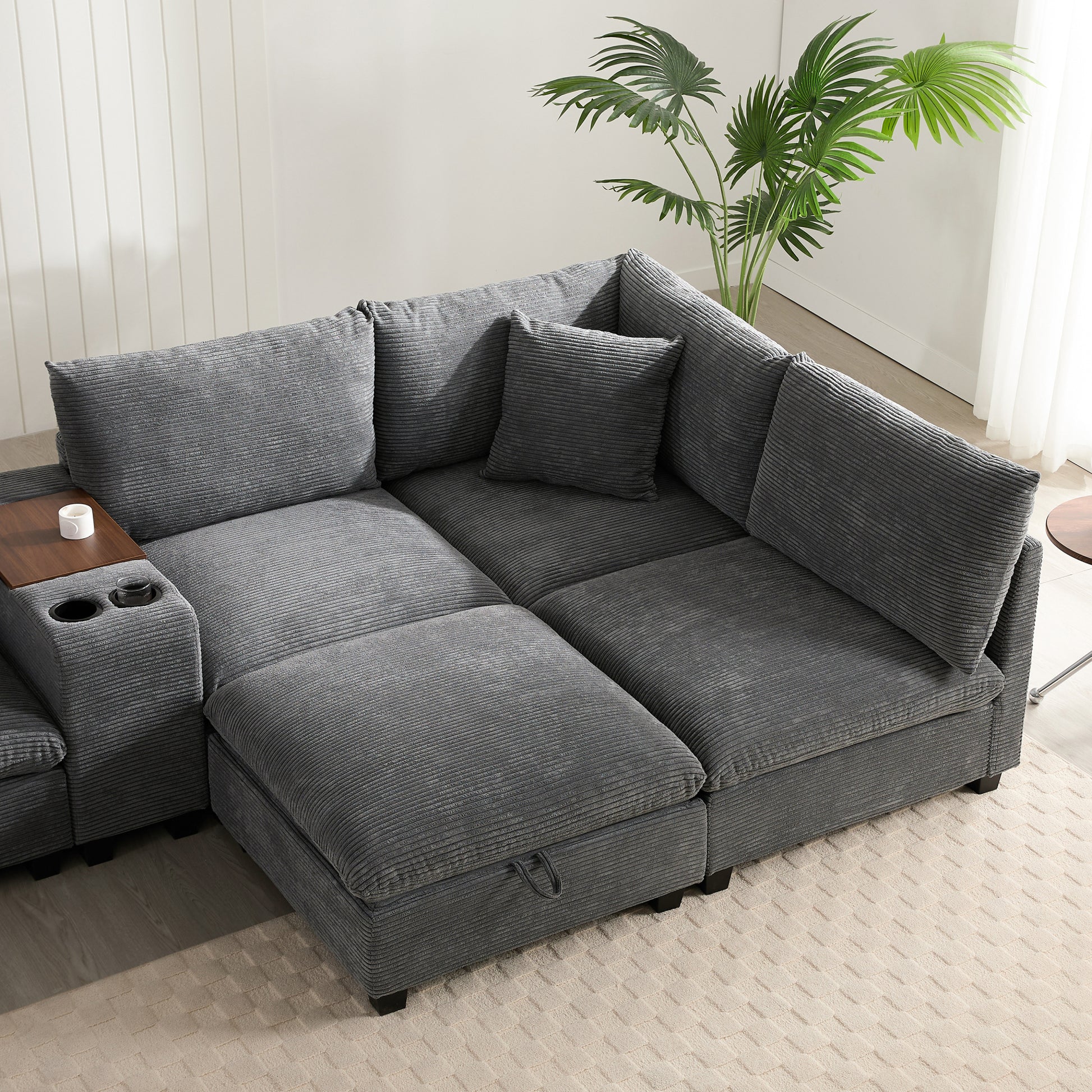 variant-group:rf-n723s1166e|Roomfitters 139 Inch U-Shaped Modular Sectional Sofa with Storage Console, Cup Holders and USB Ports for Living Room, Gray