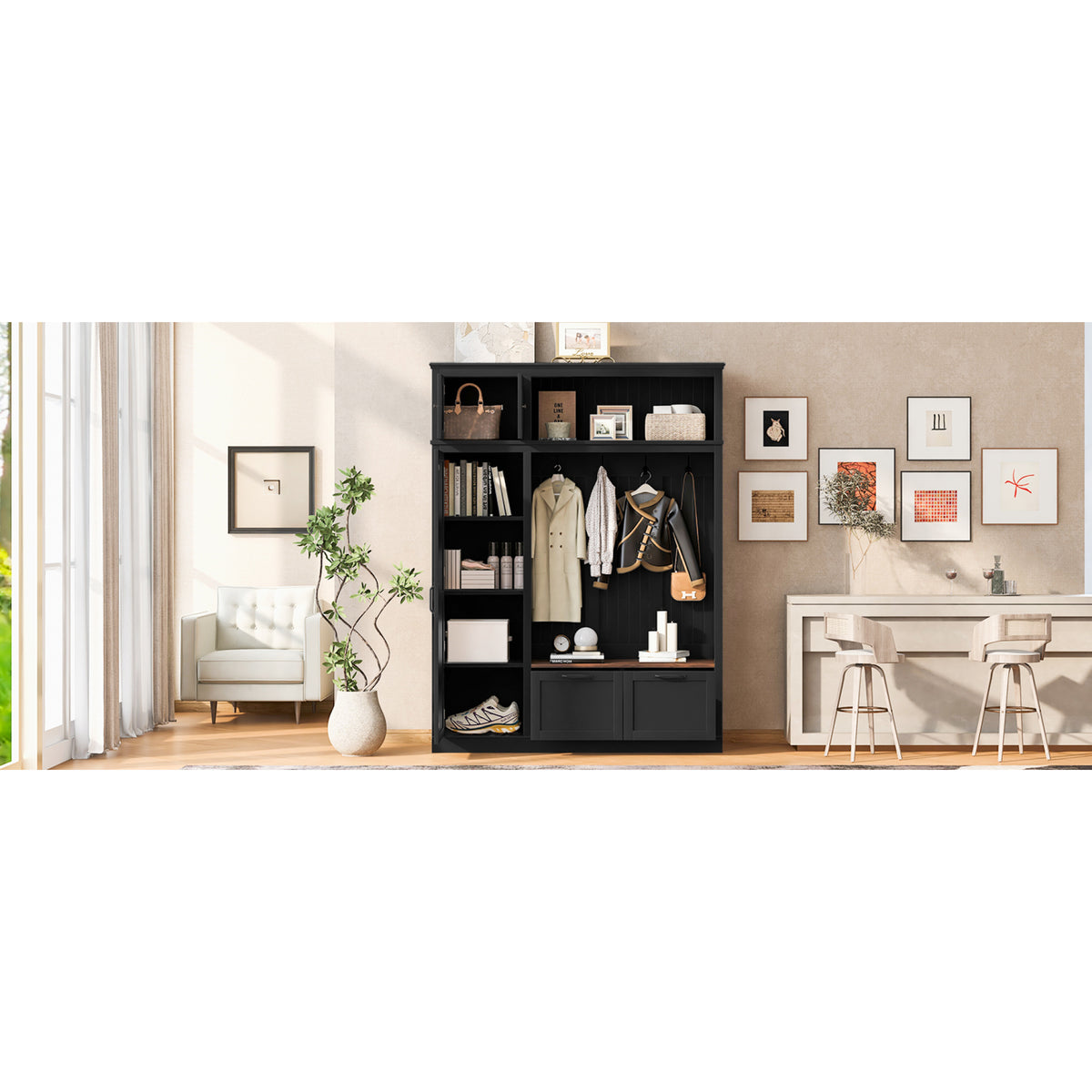 variant-group:rf-n724sj000160aab|Roomfitters 3-in-1 Entryway Hall Tree with Overhead Storage Cabinet, 2 Drawers, Black