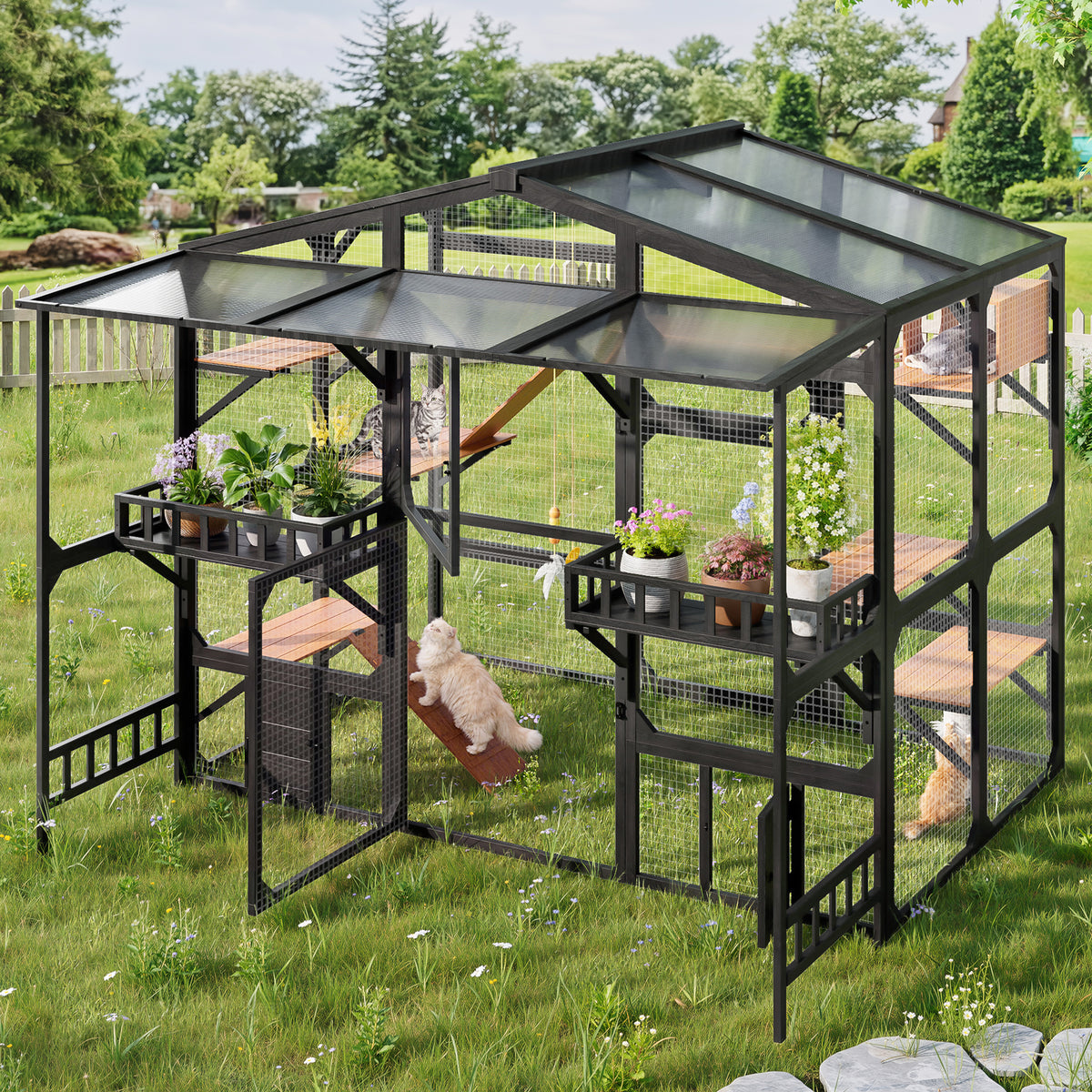 variant-group:rf-n704g201620b|Roomfitters Extra Large Wood Catio Cat Cage Outdoor Kennel with Transparent Sunroof and Dual Storage Shelves Black
