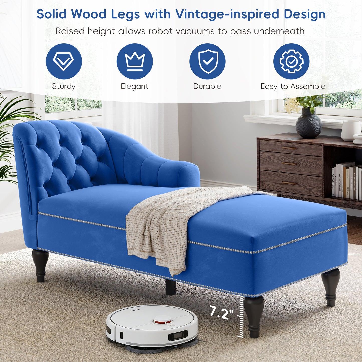 Roomfitters 58 Inch Fainting Couch, Velvet Upholstered Chaise Lounge Sofa with Button-Detailed Back & Nailhead Trim, Blue Roomfitters