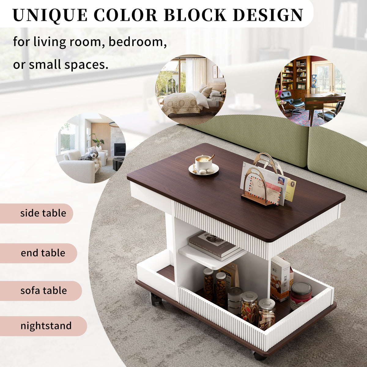 variant-group:rf-n724p292505k|Roomfitters Adjustable Sofa Side Table with Lift-Top, Rotating Surface and Storage on Wheels for Small Spaces, Brown