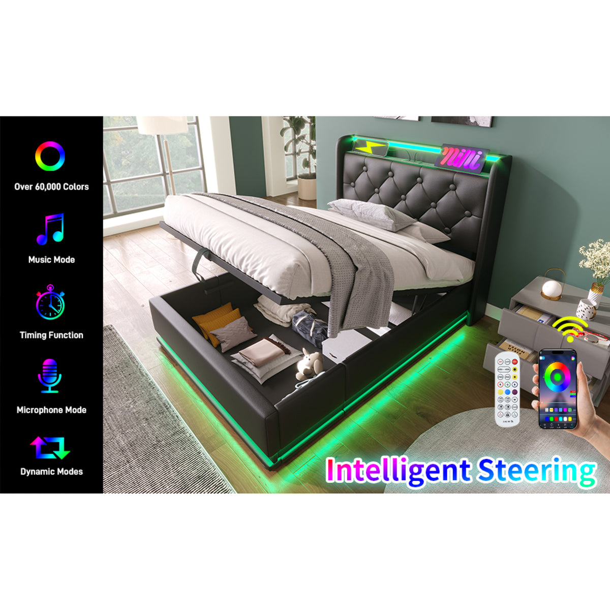 variant-group:rf-n736p188805b|Roomfitters Twin Size Upholstered Storage Bed with USB Type-C Charging and Remote Control, Faux Leather Black