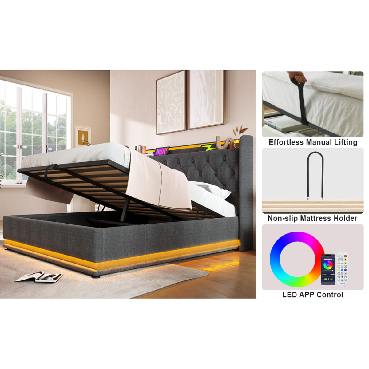 variant-group:rf-n736p188808g|Roomfitters King Size Upholstered Storage Bed with USB Type-C Charging and Remote Control, Linen Gray