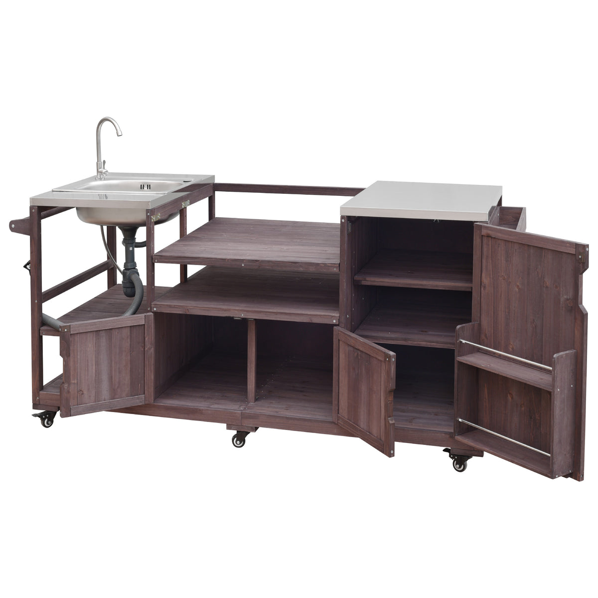 variant-group:rf-n707s000022z|Roomfitters 75.4" Outdoor Kitchen Island with Sink, Fir Wood Grill Cart for XL Green Egg & Tabletop Grills, Brown