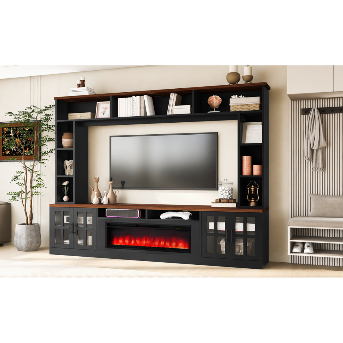 variant-group:rf-n724sj000159aab|Roomfitters 95.5"W Large Wall Unit Entertainment Center, 39" LED Fireplace, Black & Brown