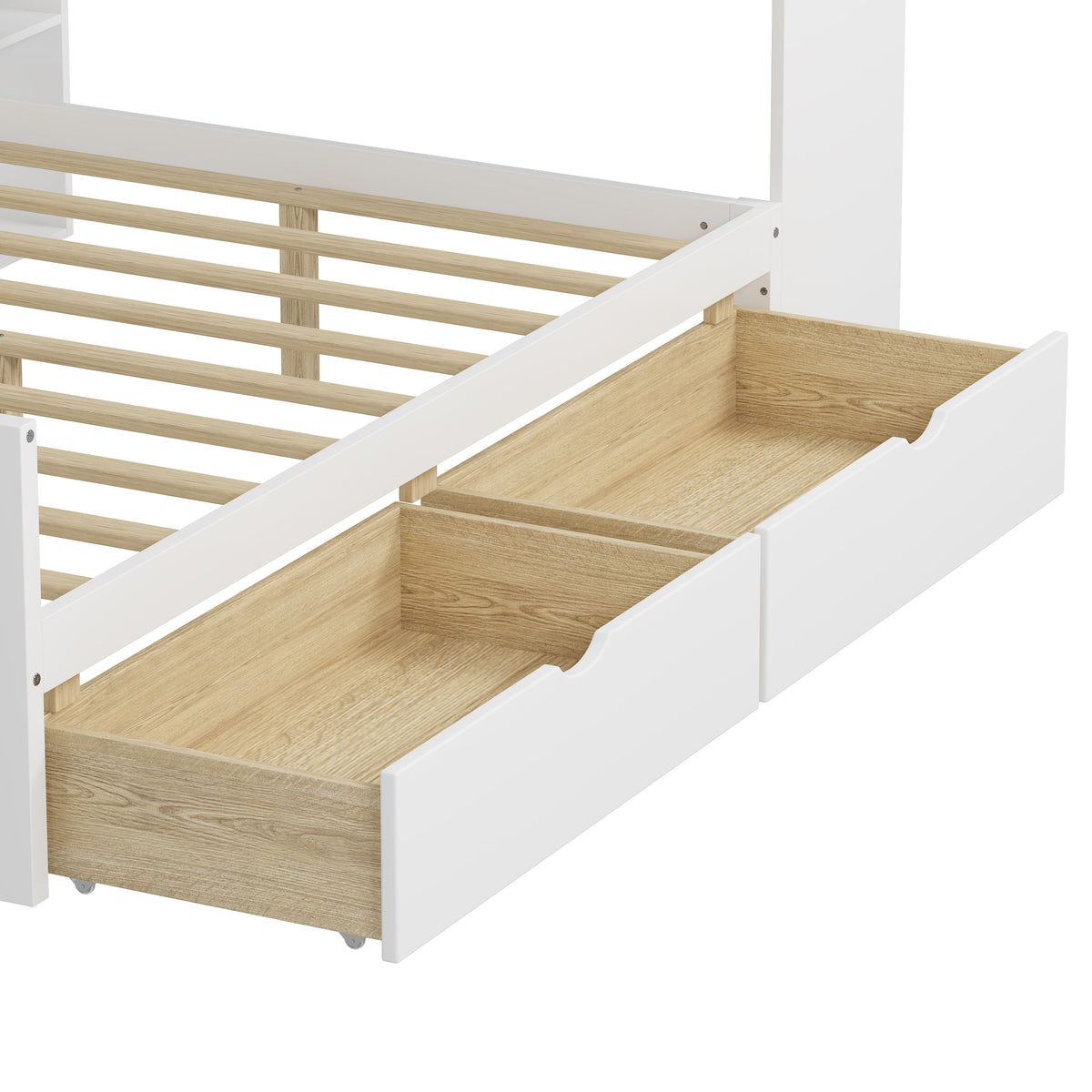 Roomfitters Wooden L-Shape Daybed with Storage Cabinets, Study Desk, Built-In Bookshelf, Space-Saving Platform Bed, White