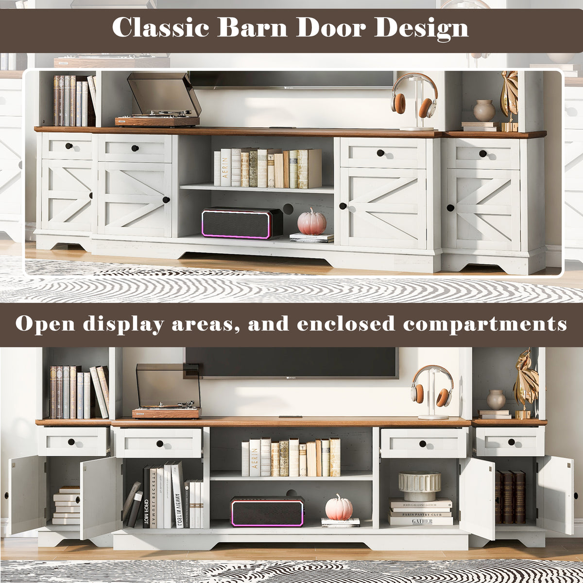 variant-group:rf-n724sj000154aak|Roomfitters 98.8"W Farmhouse Wall Unit Entertainment Center, 4 Barn Doors, White & Walnut