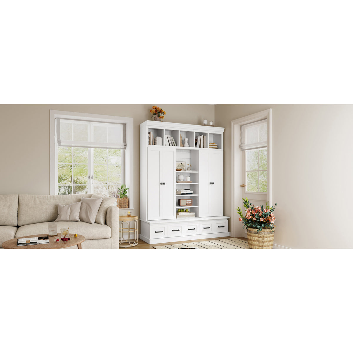 variant-group:rf-n724sj000139aak|Roomfitters 78.7" Hall Tree with Bench, 5 Cubbies, 4 Doors, 5 Drawers, Adjustable Shelves, White